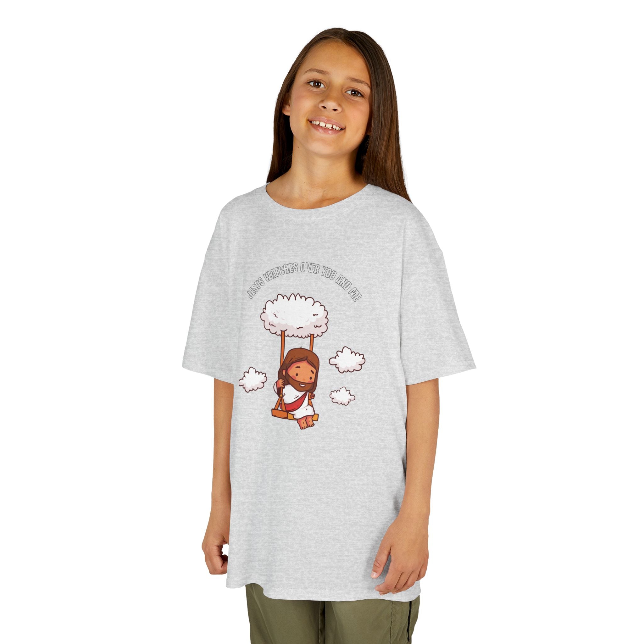 Kids Tee — Cute Jesus on Swing Under Cloud "Jesus Watches Over You and Me"