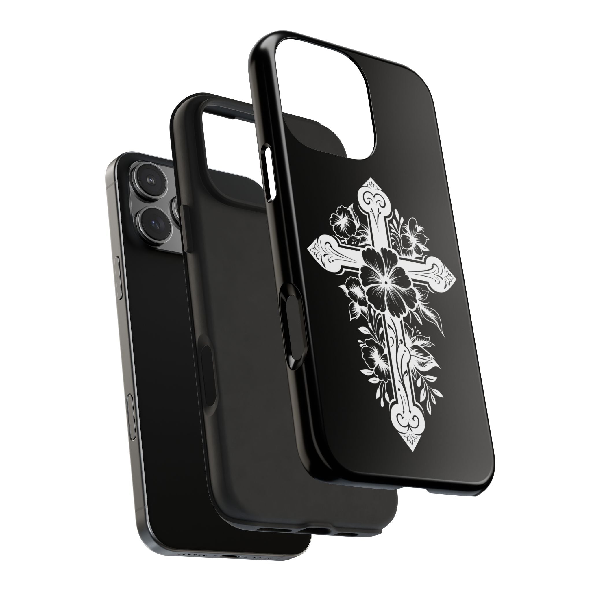 Floral Cross Tough Phone Case — Black Protective Christian Phone Cover