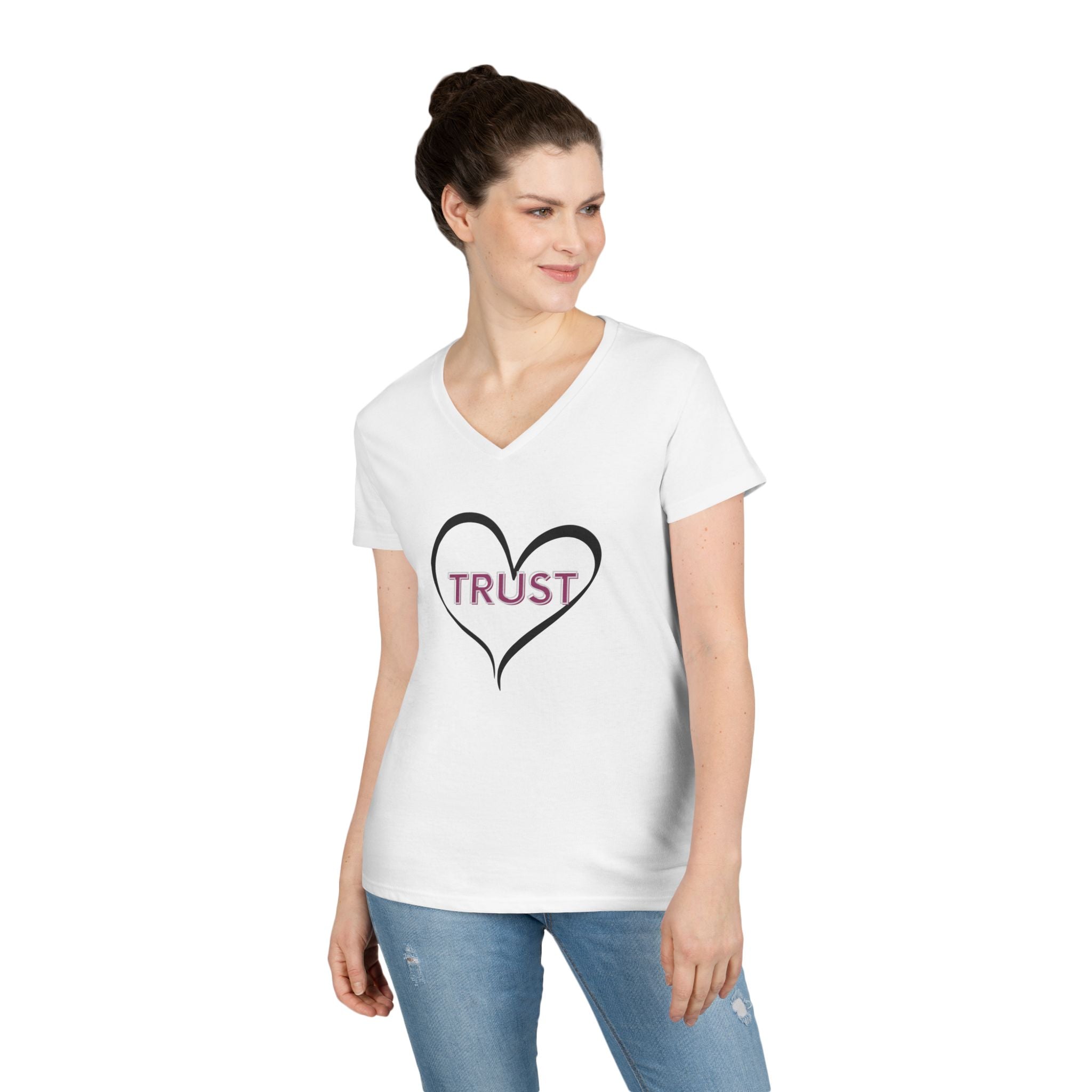 Ladies' V-Neck T-Shirt — Heart "TRUST" Faith Tee with Proverbs 3:5 Back Design