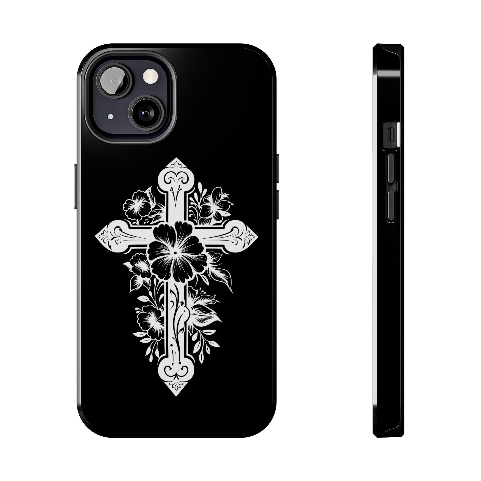 Floral Cross Tough Phone Case — Black Protective Christian Phone Cover