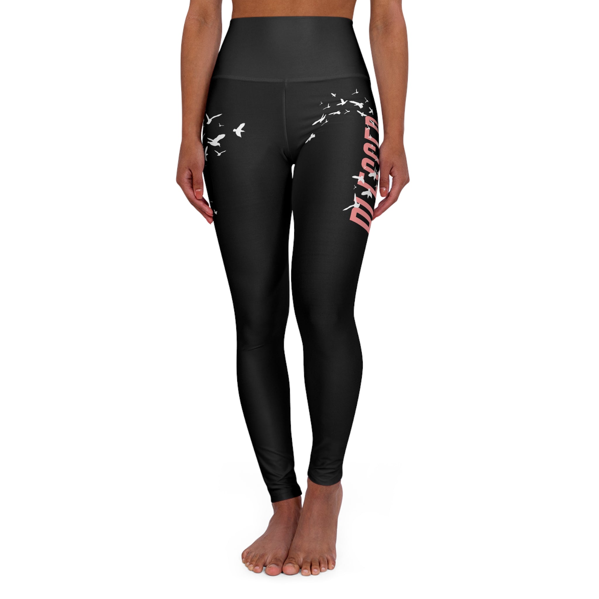 High-Waisted Leggings with 'Blessed' Script & Flying Doves – Black