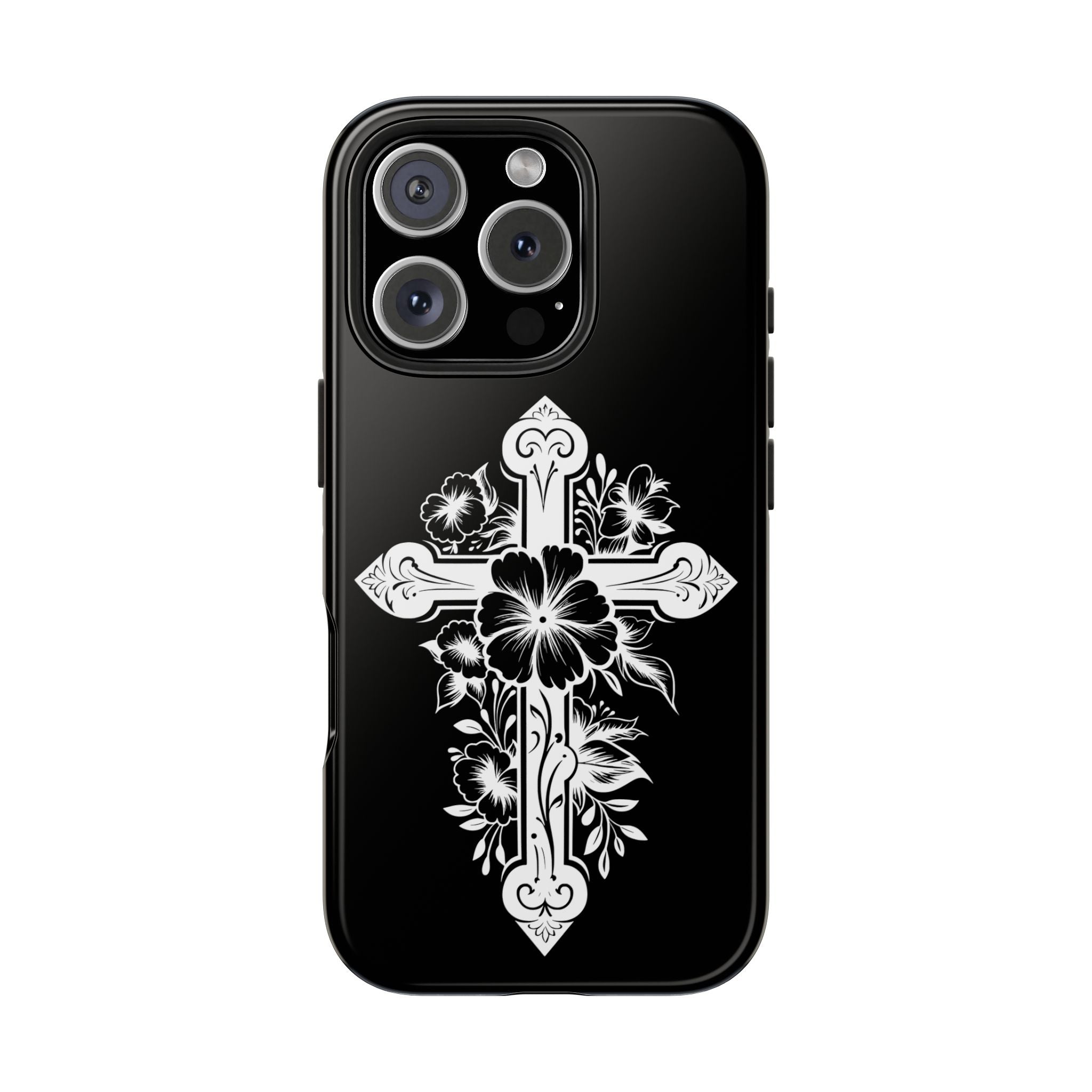 Floral Cross Tough Phone Case — Black Protective Christian Phone Cover
