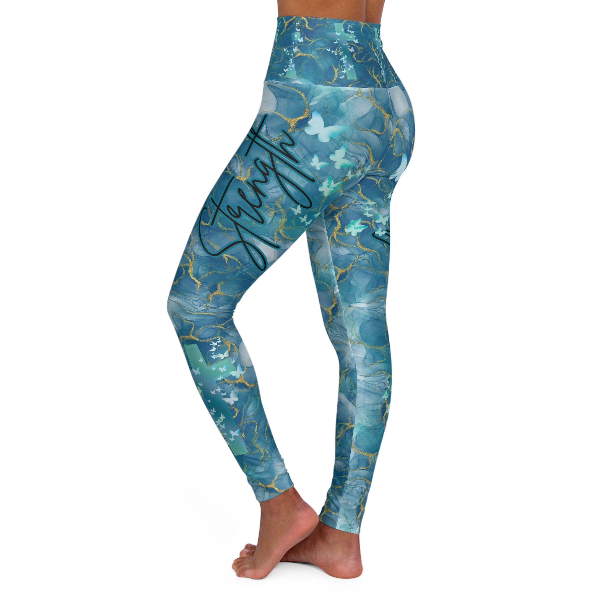 High-Waisted Christian Leggings — Blue Marble Butterfly & Cross, "Strength and Dignity" (Proverbs 31:25)