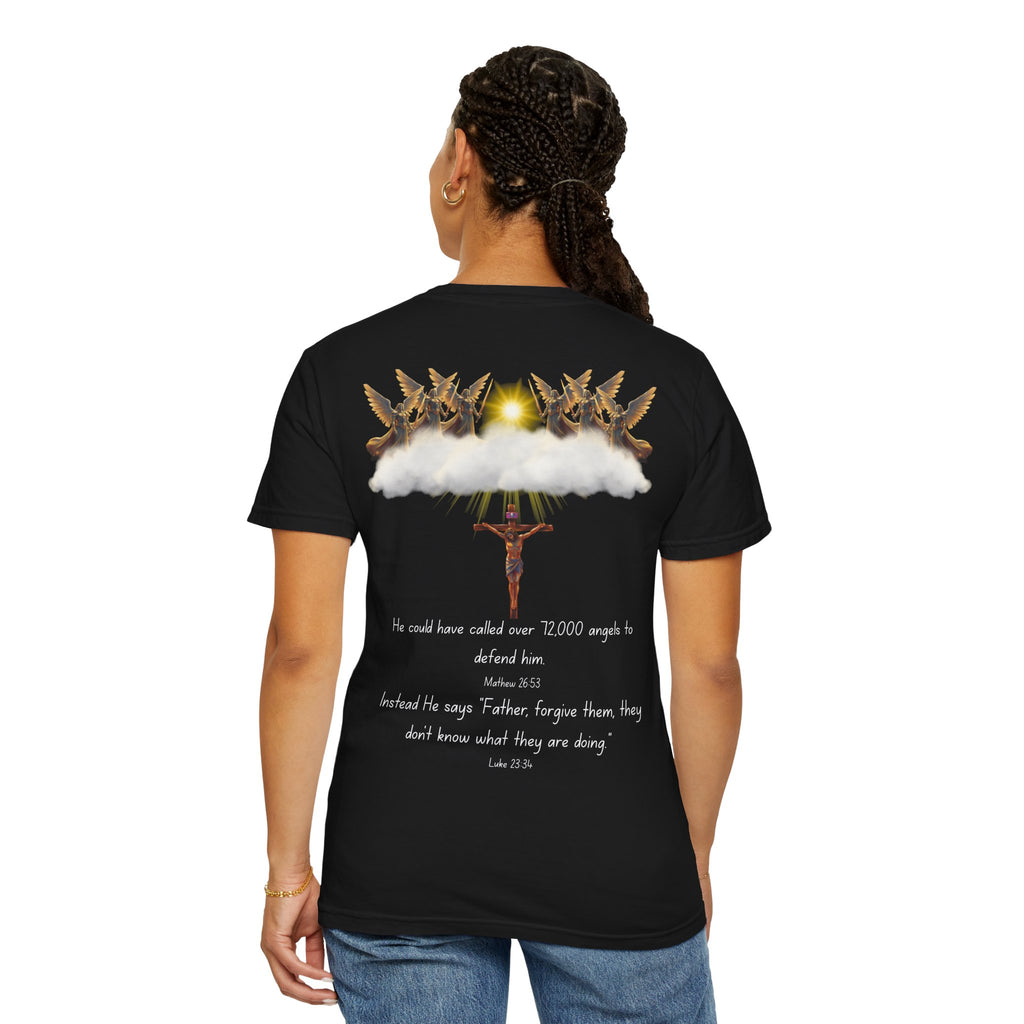 Christian Mercy & Forgiveness T-Shirt — Scripture Cross Back Design