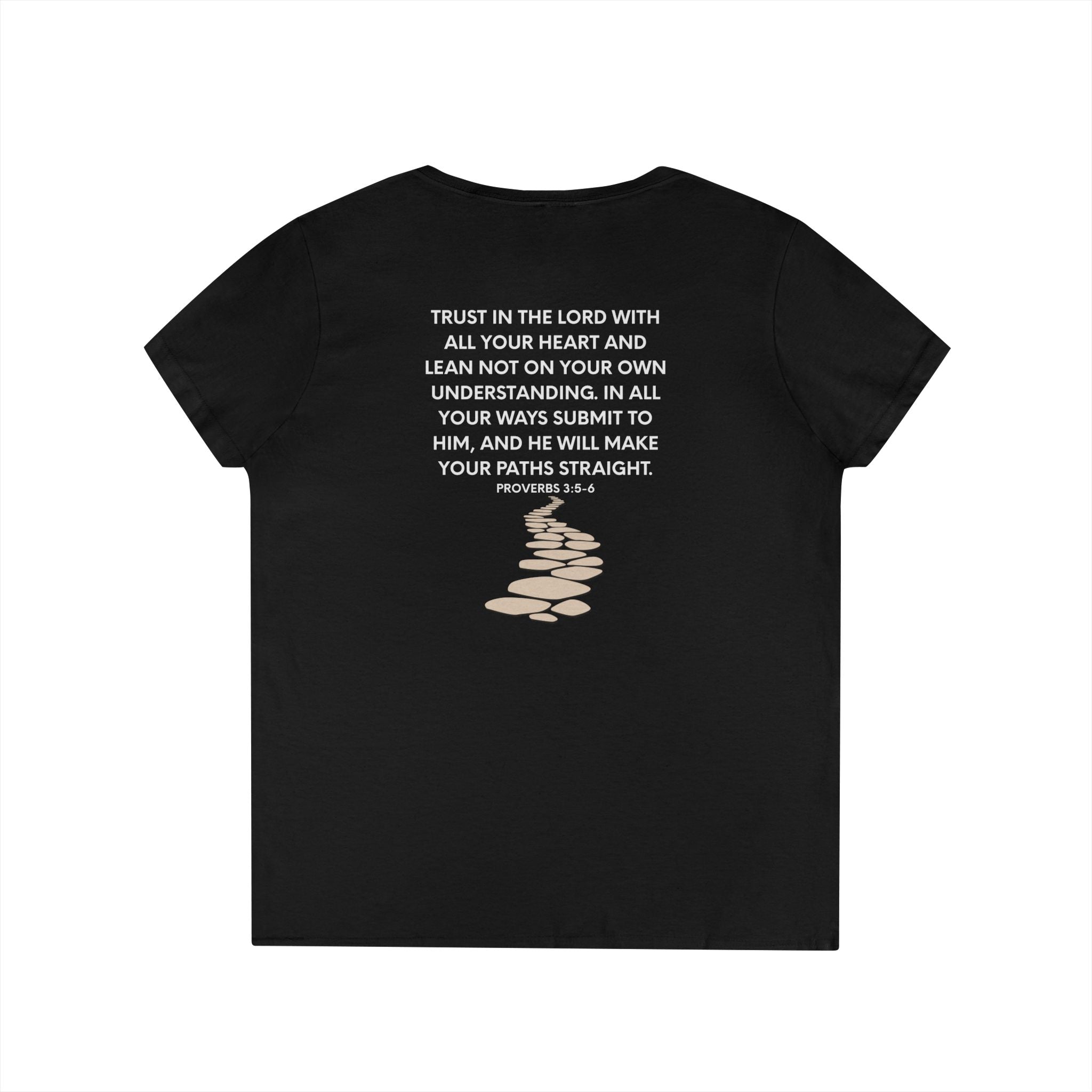 Ladies' V-Neck T-Shirt — Heart "TRUST" Faith Tee with Proverbs 3:5 Back Design