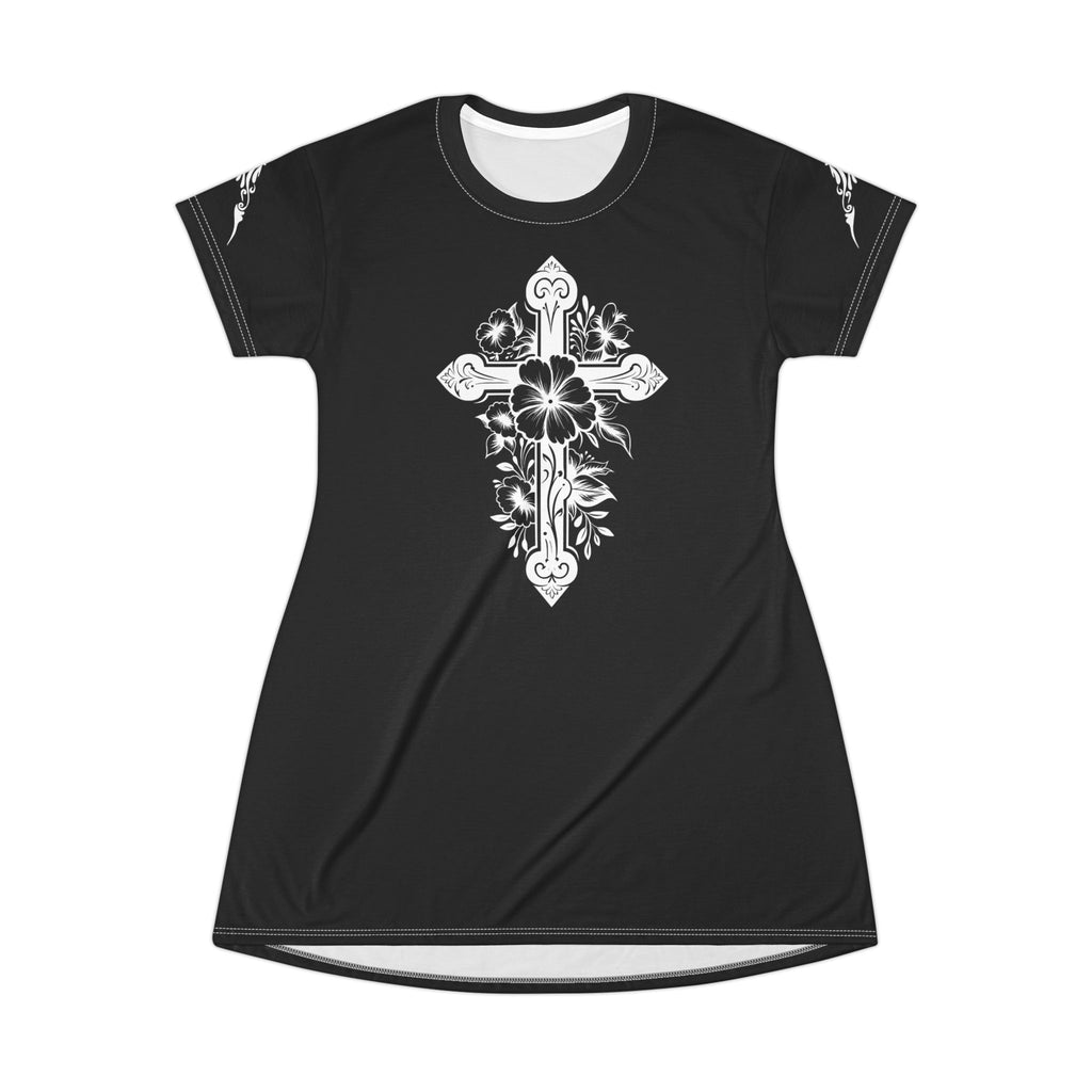 Floral Cross T‑Shirt Dress — Black and White