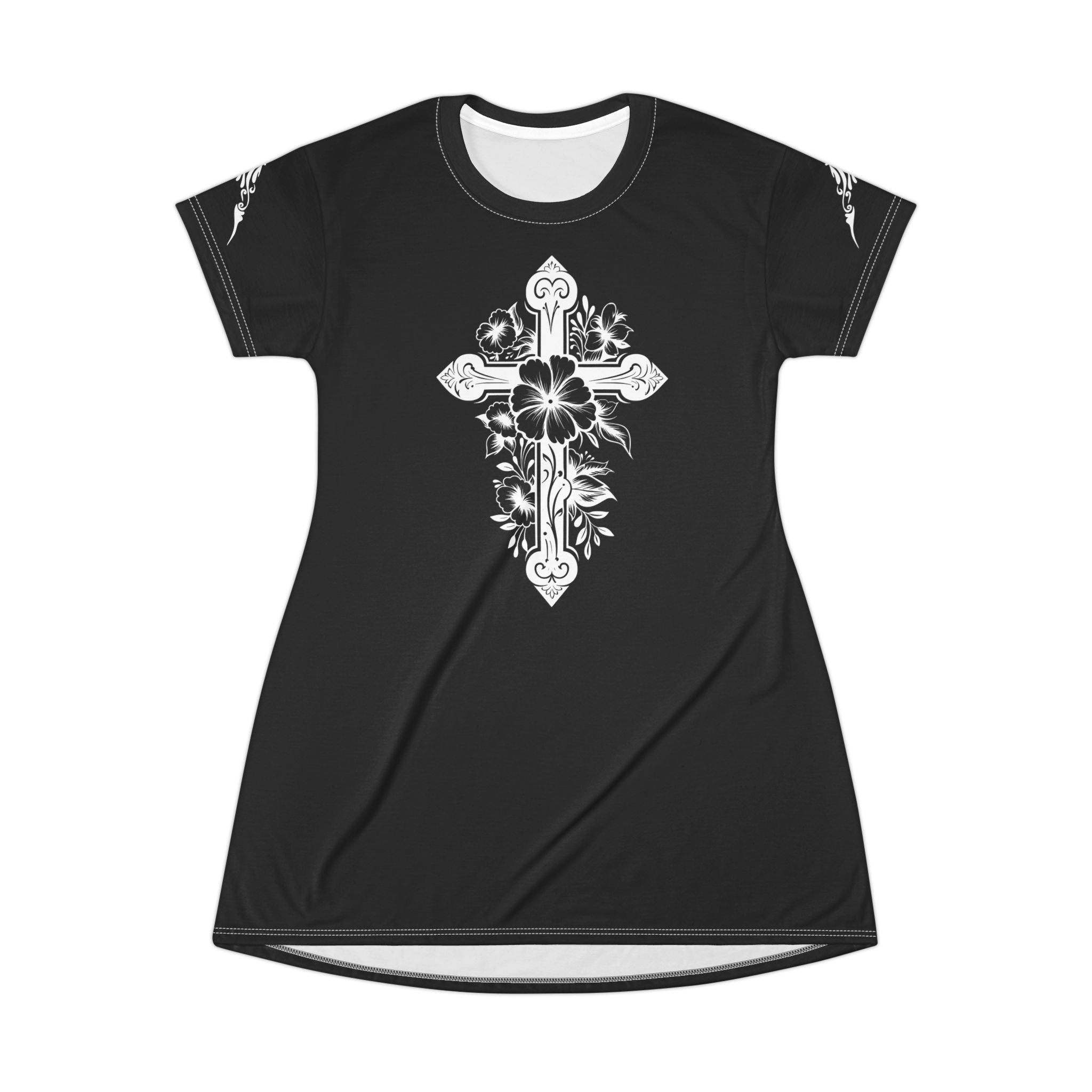 Floral Cross T‑Shirt Dress — Black and White