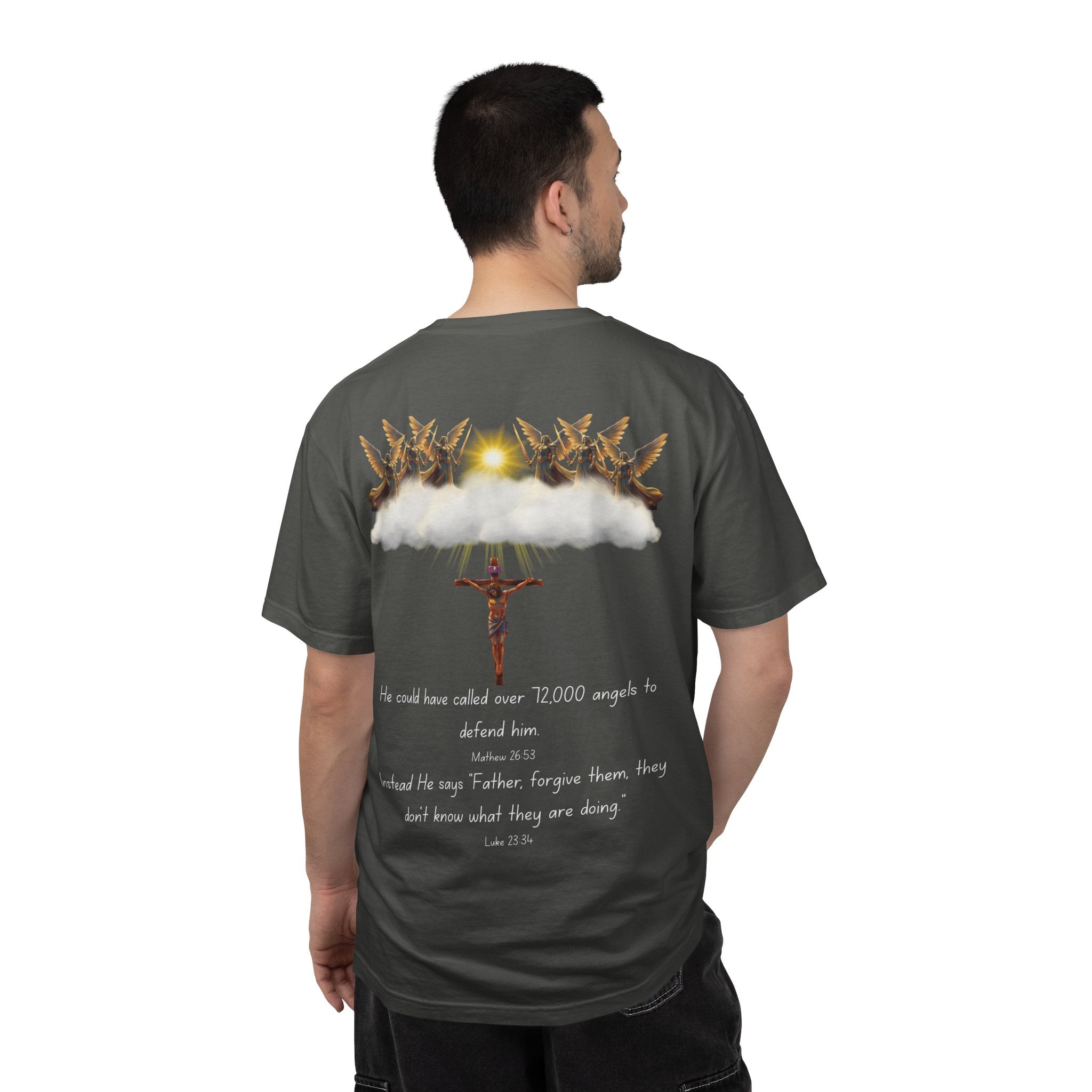 Christian Mercy & Forgiveness T-Shirt — Scripture Cross Back Design