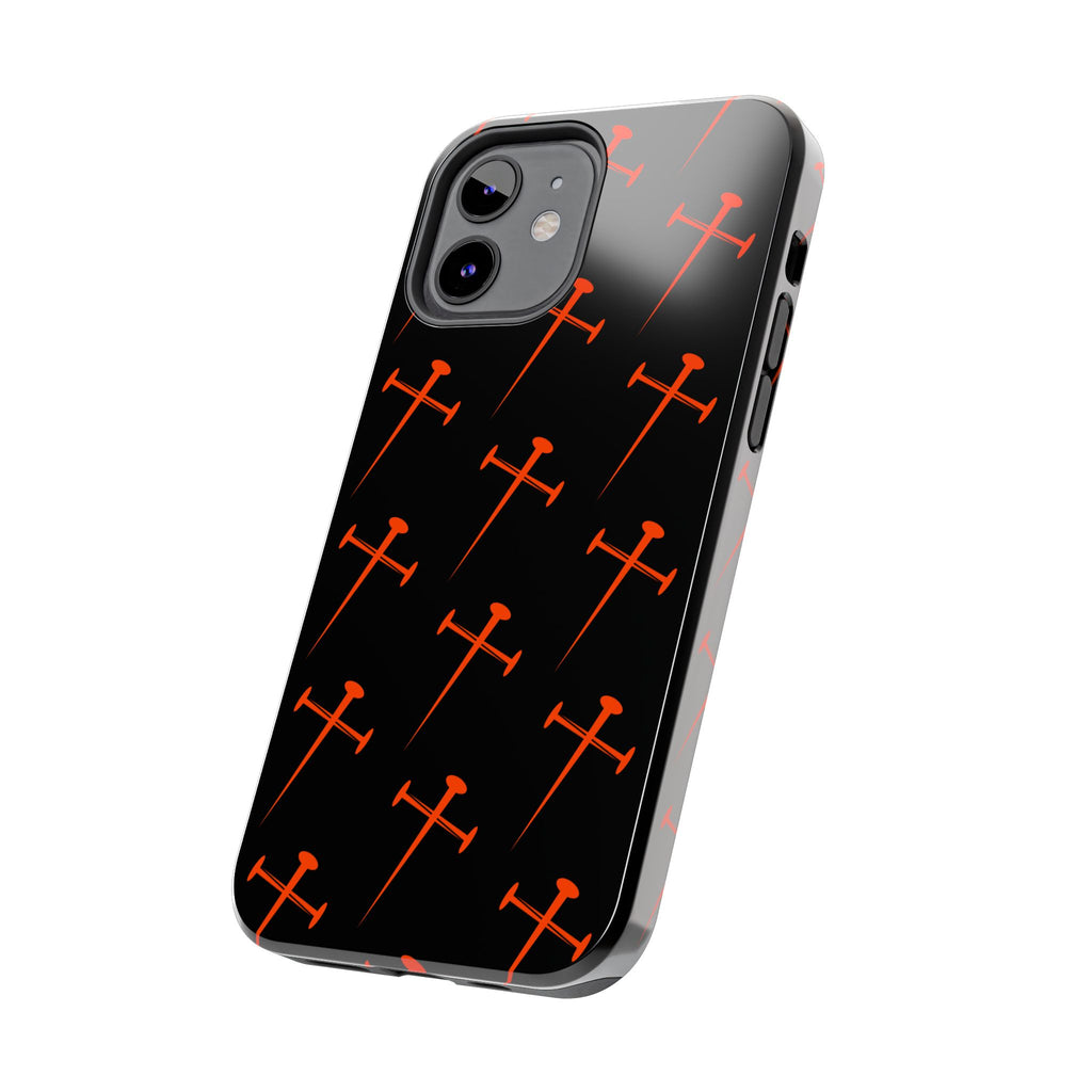 Black Tough Phone Case with Orange Nail Cross Pattern