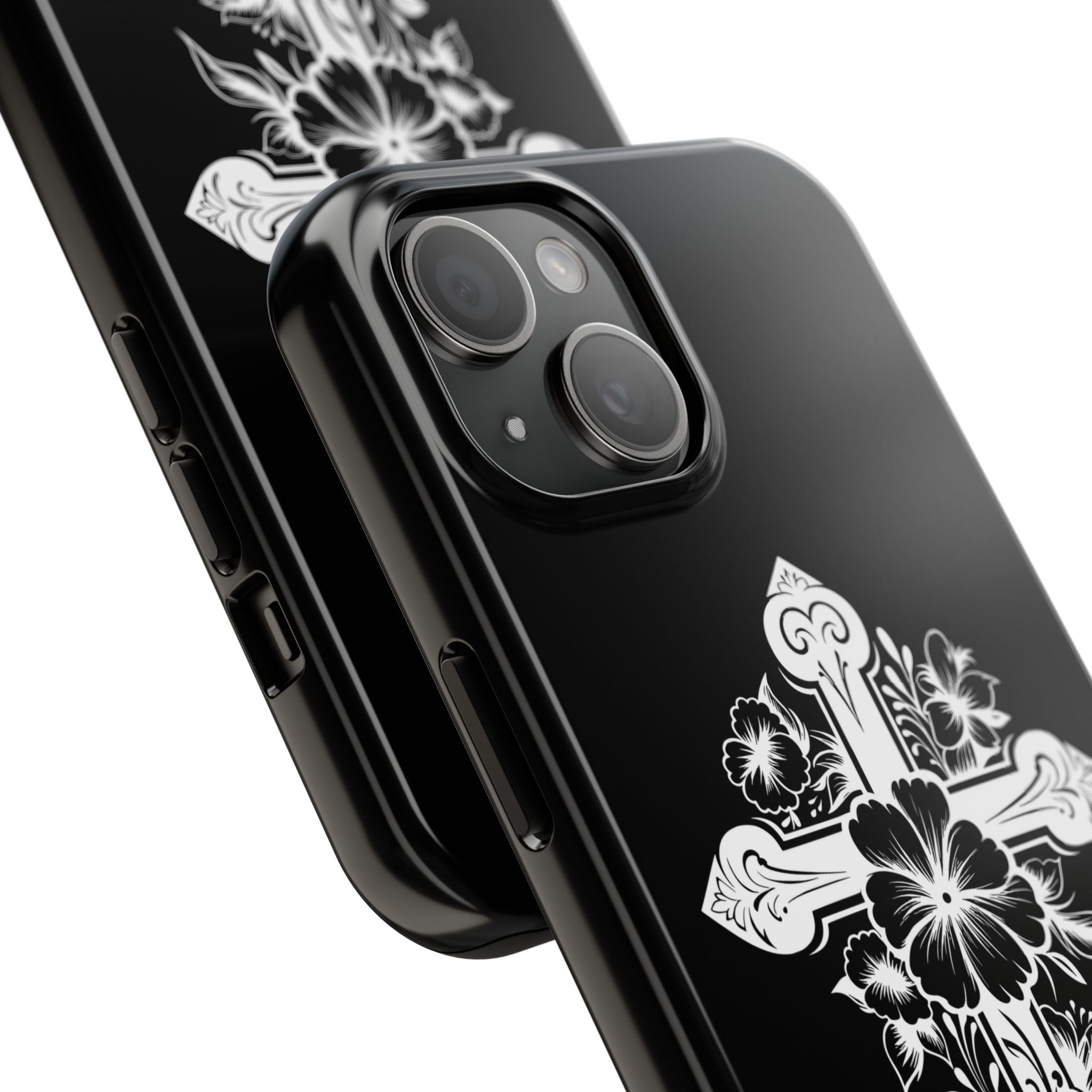Floral Cross Tough Phone Case — Black Protective Christian Phone Cover