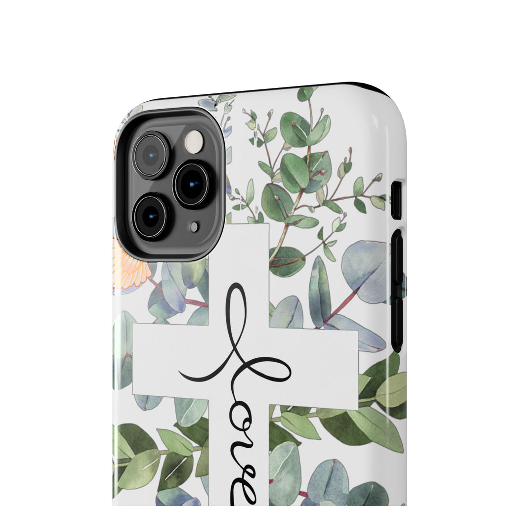 Religious Cross Tough Phone Case — Eucalyptus Floral "Love" Design