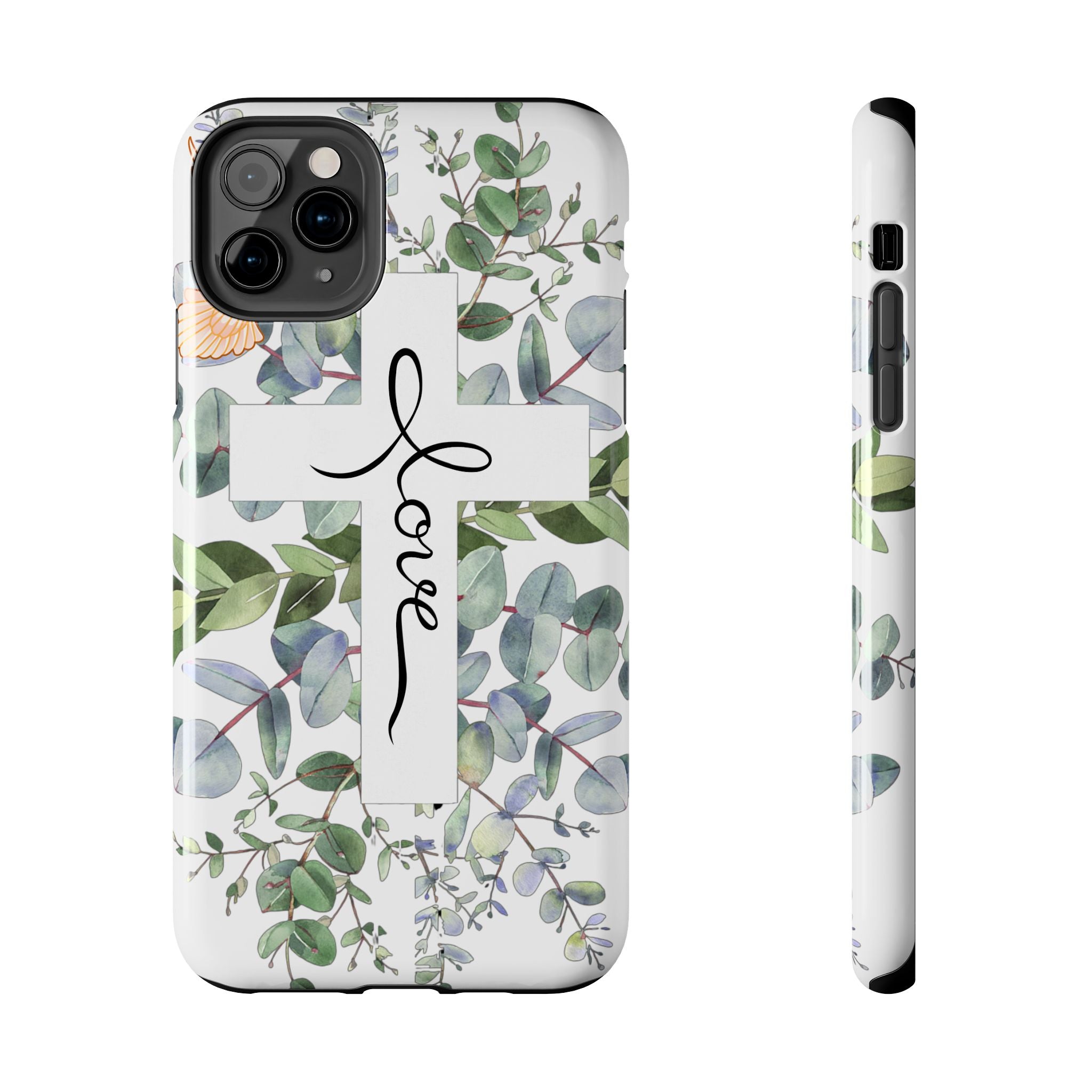 Religious Cross Tough Phone Case — Eucalyptus Floral "Love" Design
