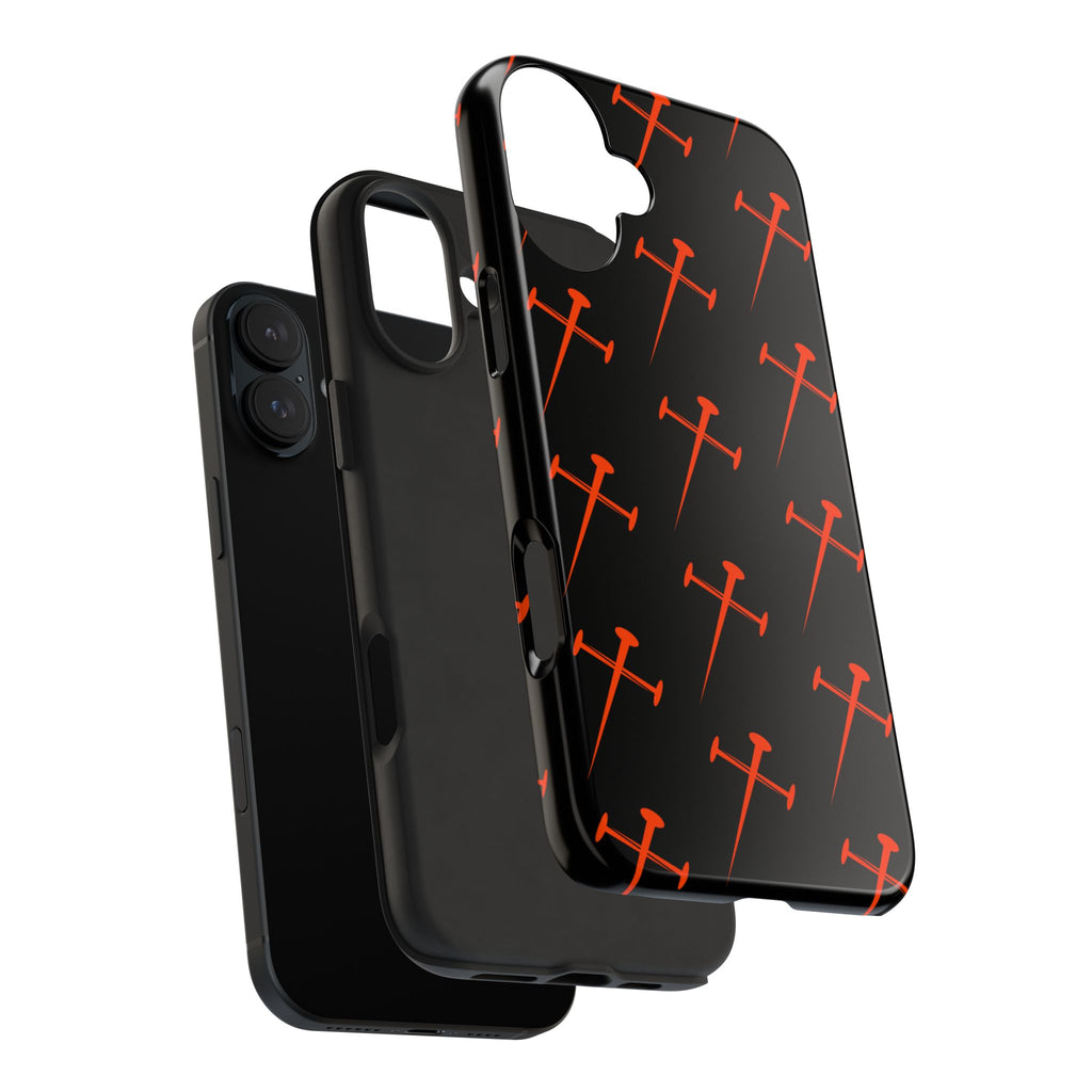 Black Tough Phone Case with Orange Nail Cross Pattern