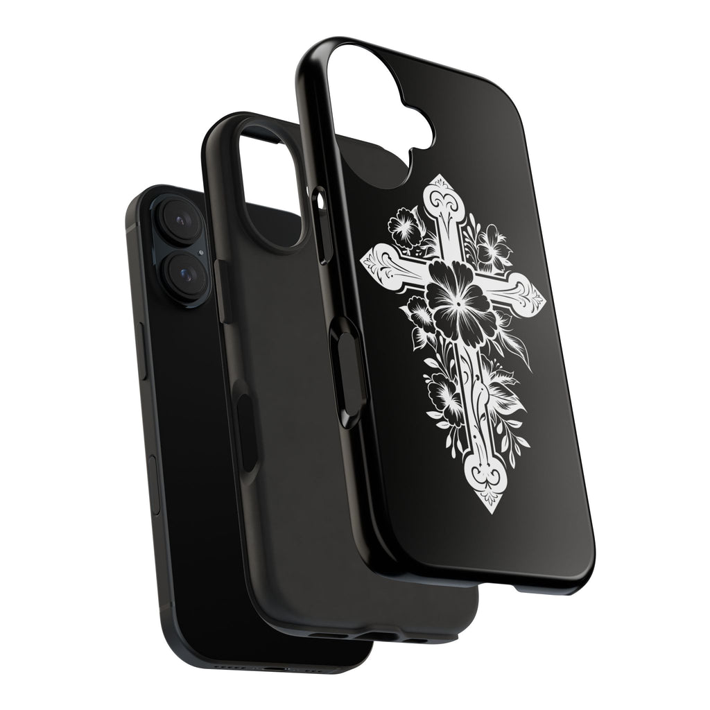 Floral Cross Tough Phone Case — Black Protective Christian Phone Cover