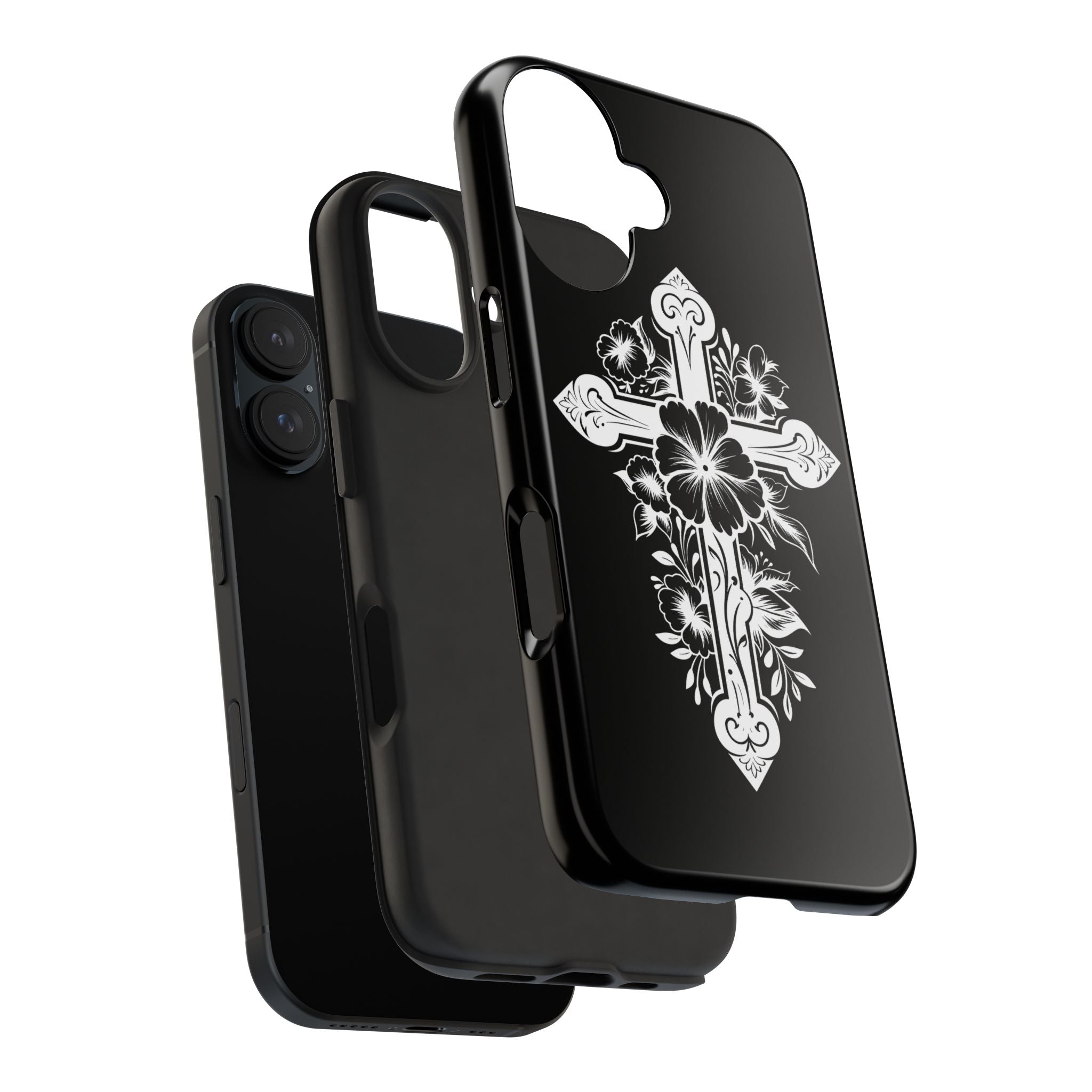 Floral Cross Tough Phone Case — Black Protective Christian Phone Cover