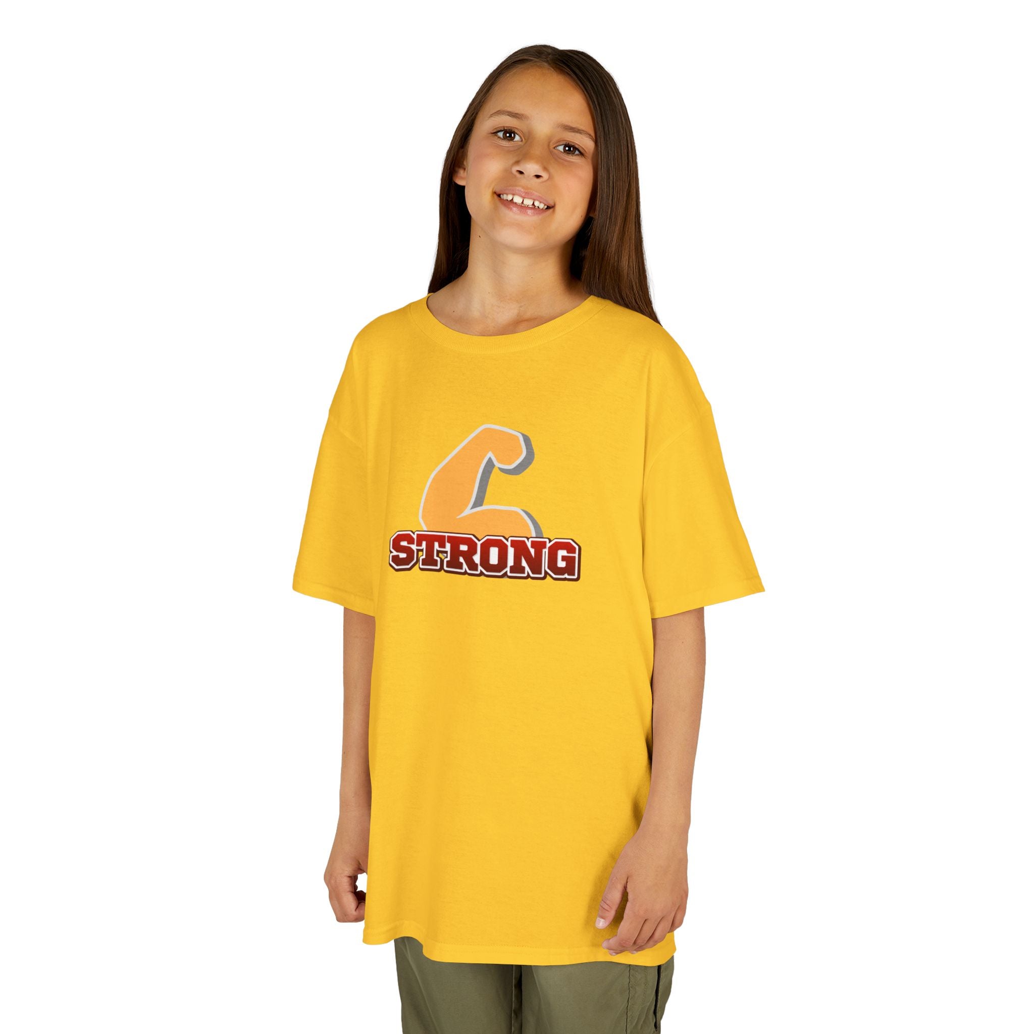 Kids Tee — "Strong" Muscle Graphic with Philippians 4:13 Back (Christian Inspirational)