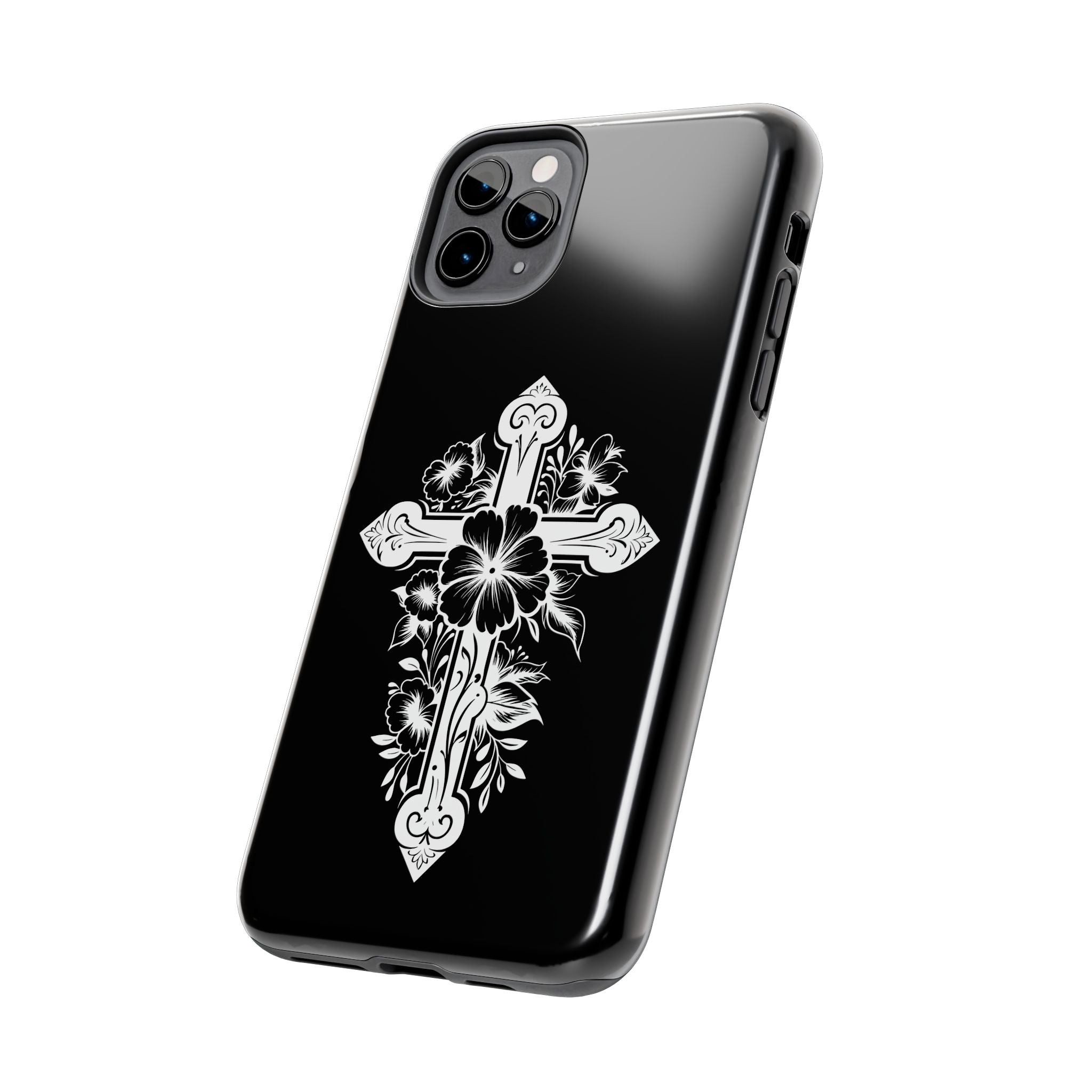 Floral Cross Tough Phone Case — Black Protective Christian Phone Cover