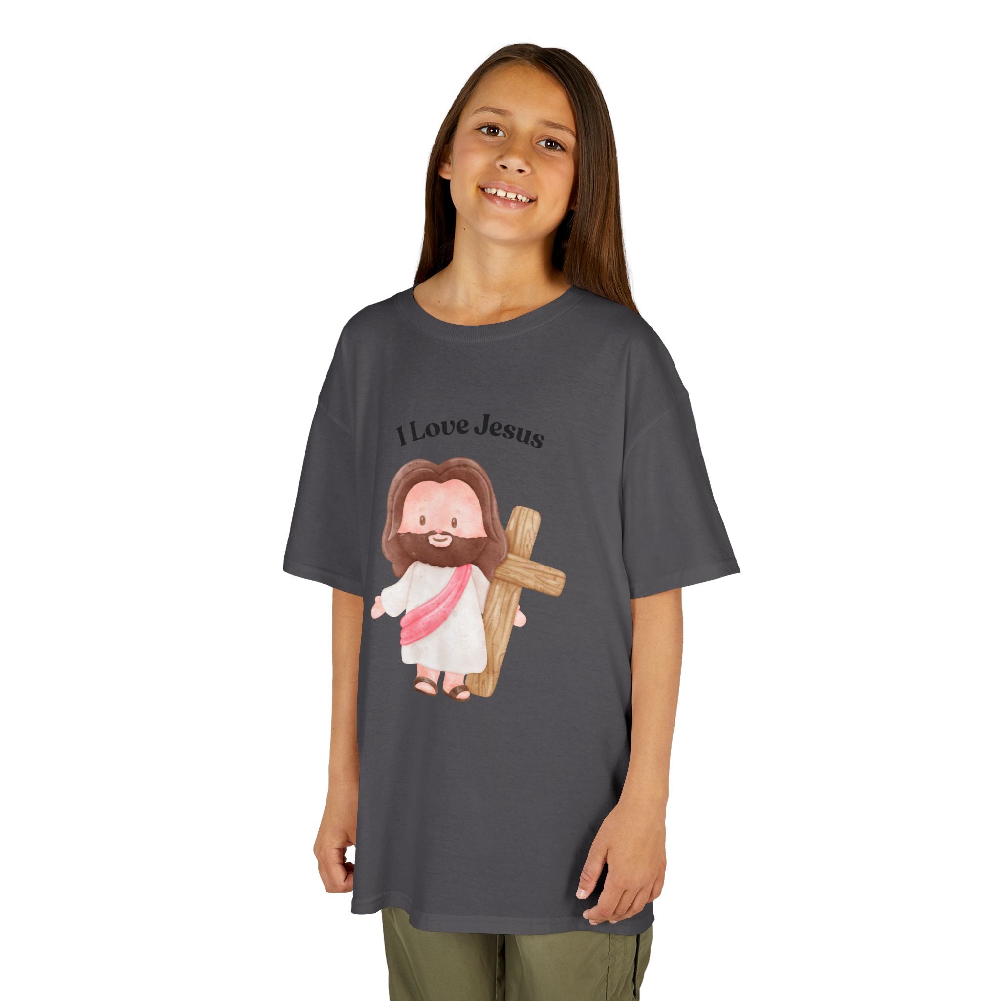 Kids T-Shirt — Cute "I Love Jesus" Cartoon Jesus Holding Cross — Christian Easter Gift for Children