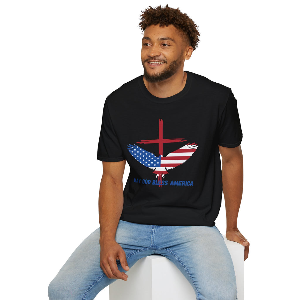 Patriotic Eagle T-Shirt — "May God Bless America" Flag Cross Graphic