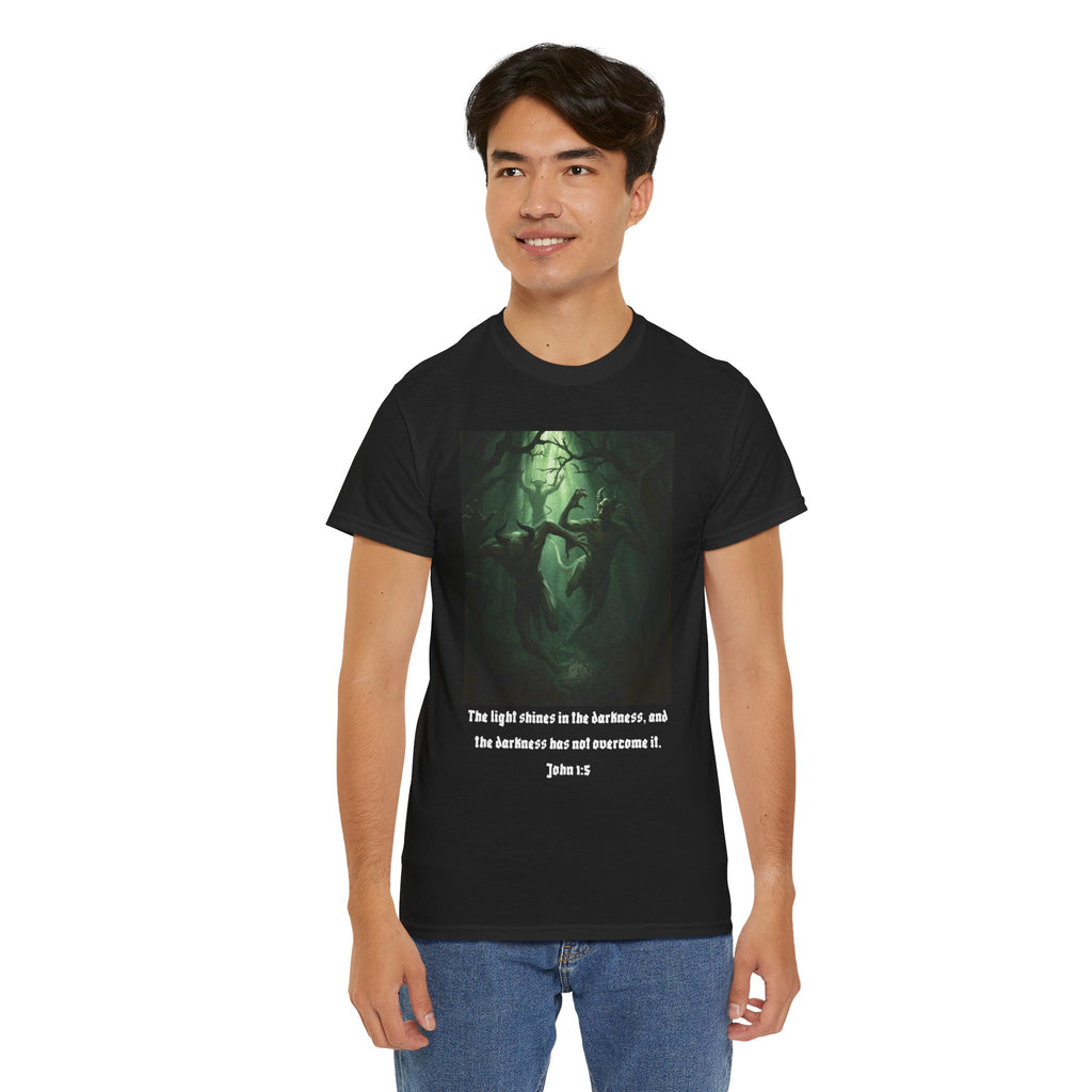 Christian Forest Art T-Shirt — "The light shines in the darkness" (John 1:5)