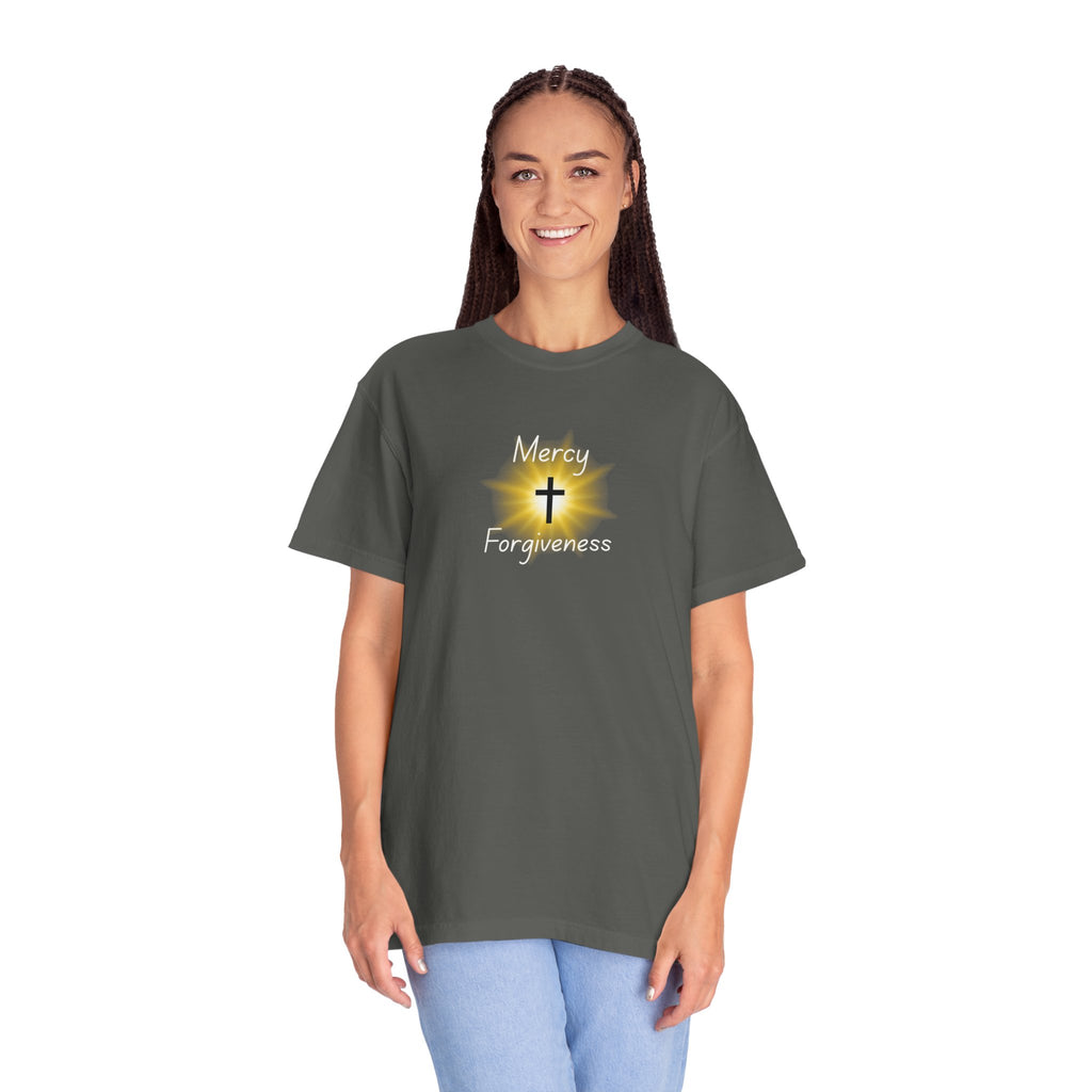 Christian Mercy & Forgiveness T-Shirt — Scripture Cross Back Design