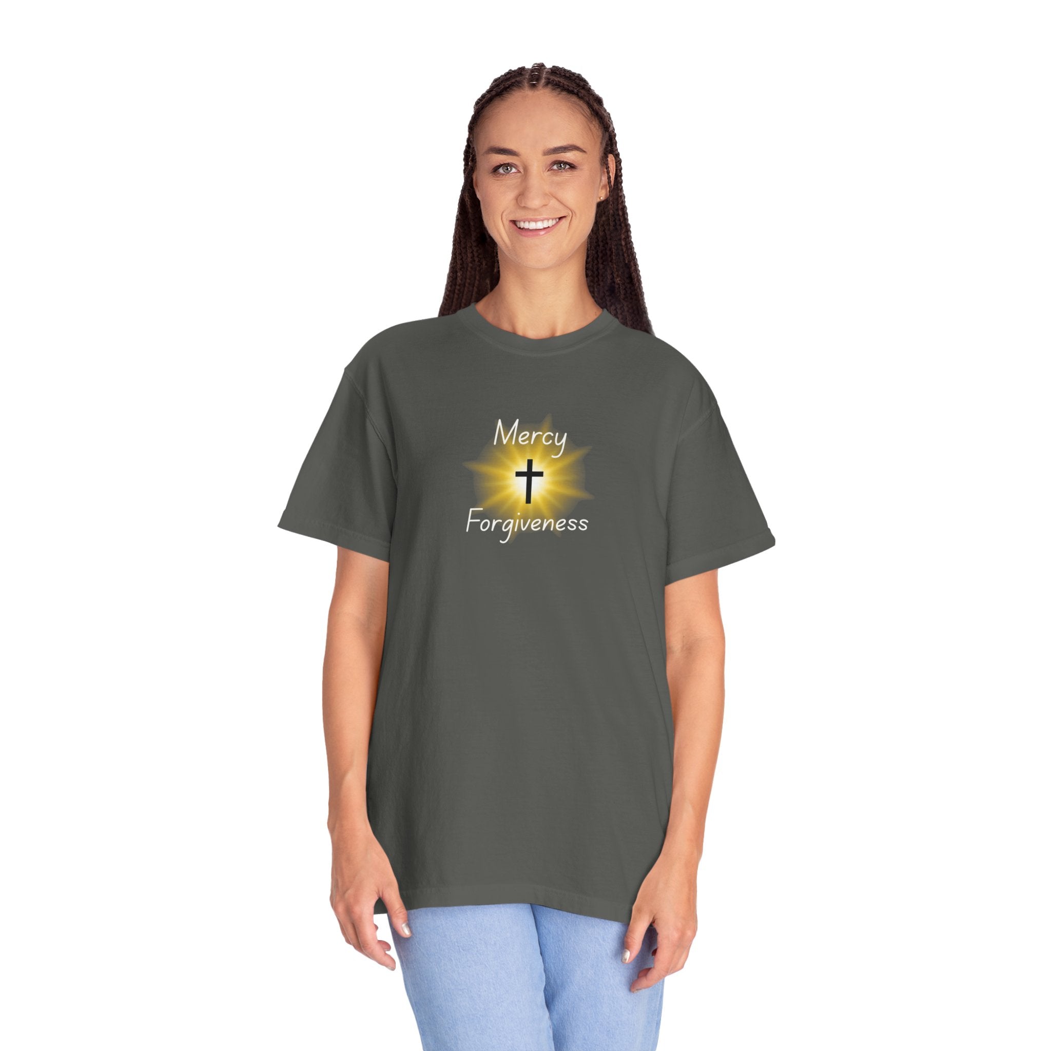 Christian Mercy & Forgiveness T-Shirt — Scripture Cross Back Design