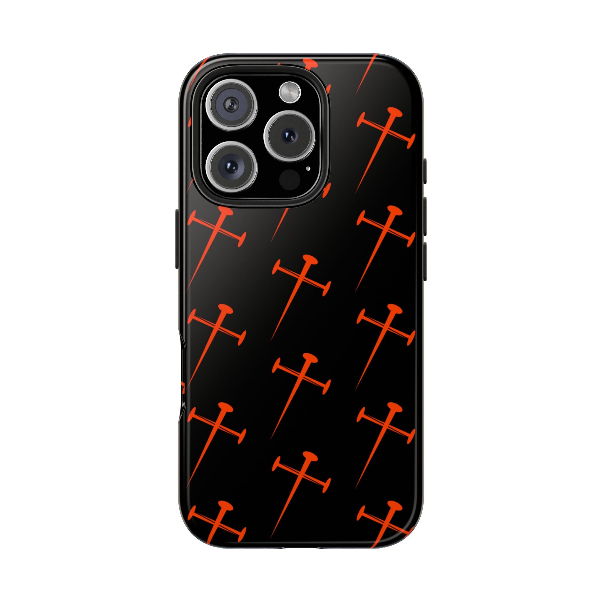 Black Tough Phone Case with Orange Nail Cross Pattern