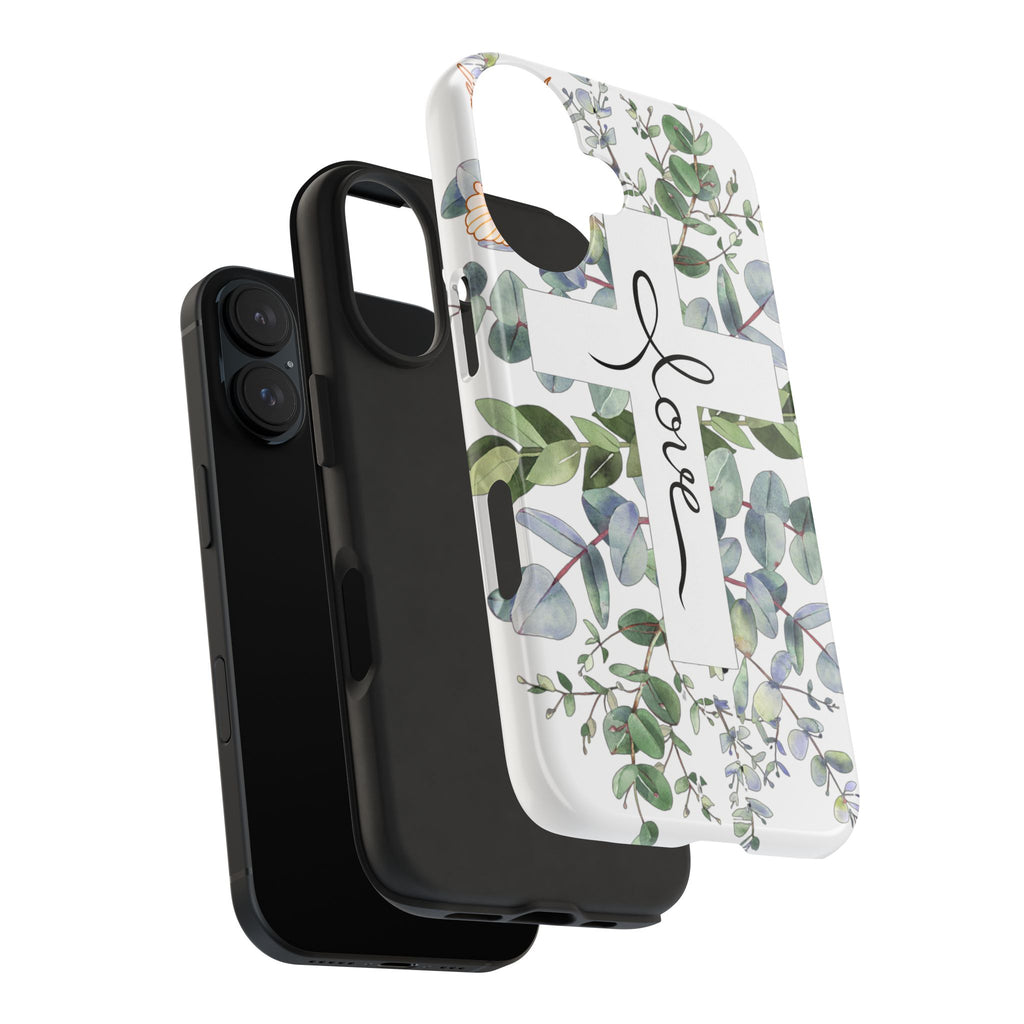 Religious Cross Tough Phone Case — Eucalyptus Floral "Love" Design