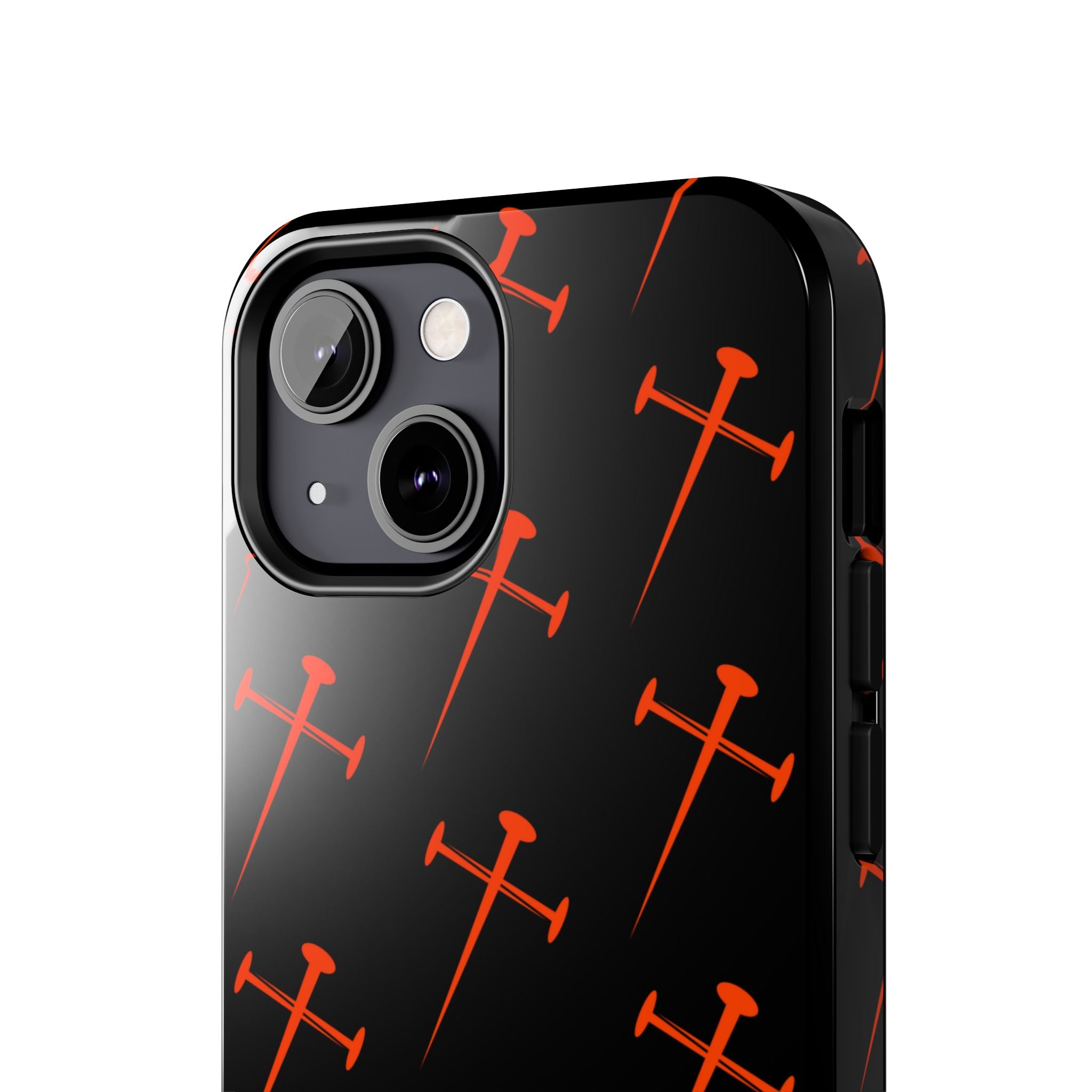 Black Tough Phone Case with Orange Nail Cross Pattern