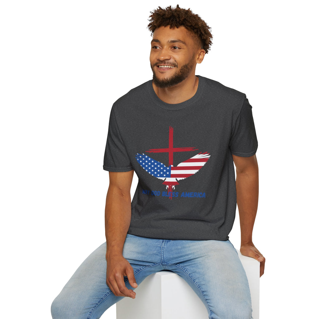 Patriotic Eagle T-Shirt — "May God Bless America" Flag Cross Graphic