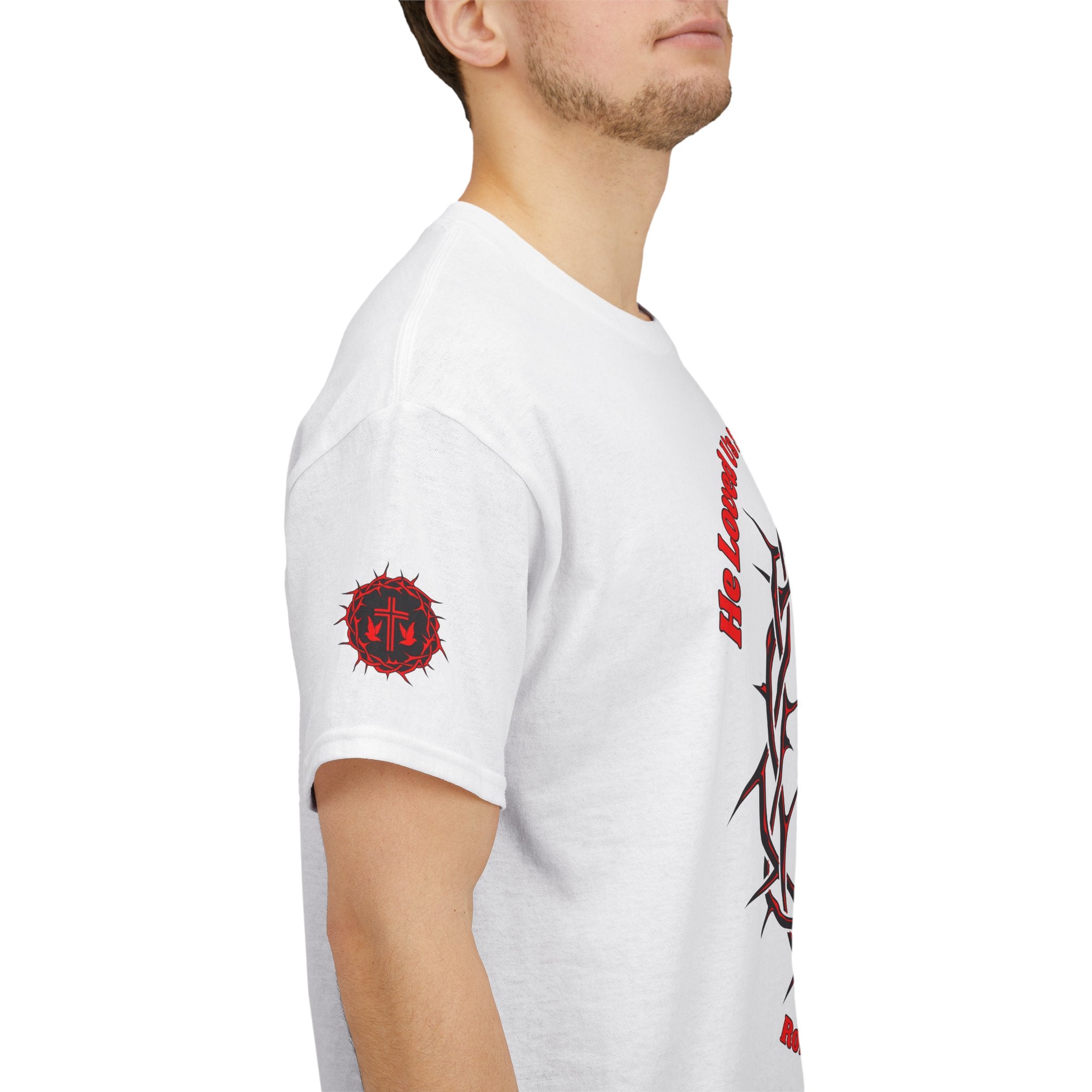 He Loved Us So He Died For Us Tee — Christian Faith T-Shirt with Crown of Thorns Cross Design Romans 5:8