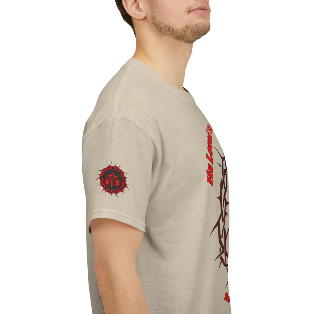 He Loved Us So He Died For Us Tee — Christian Faith T-Shirt with Crown of Thorns Cross Design Romans 5:8