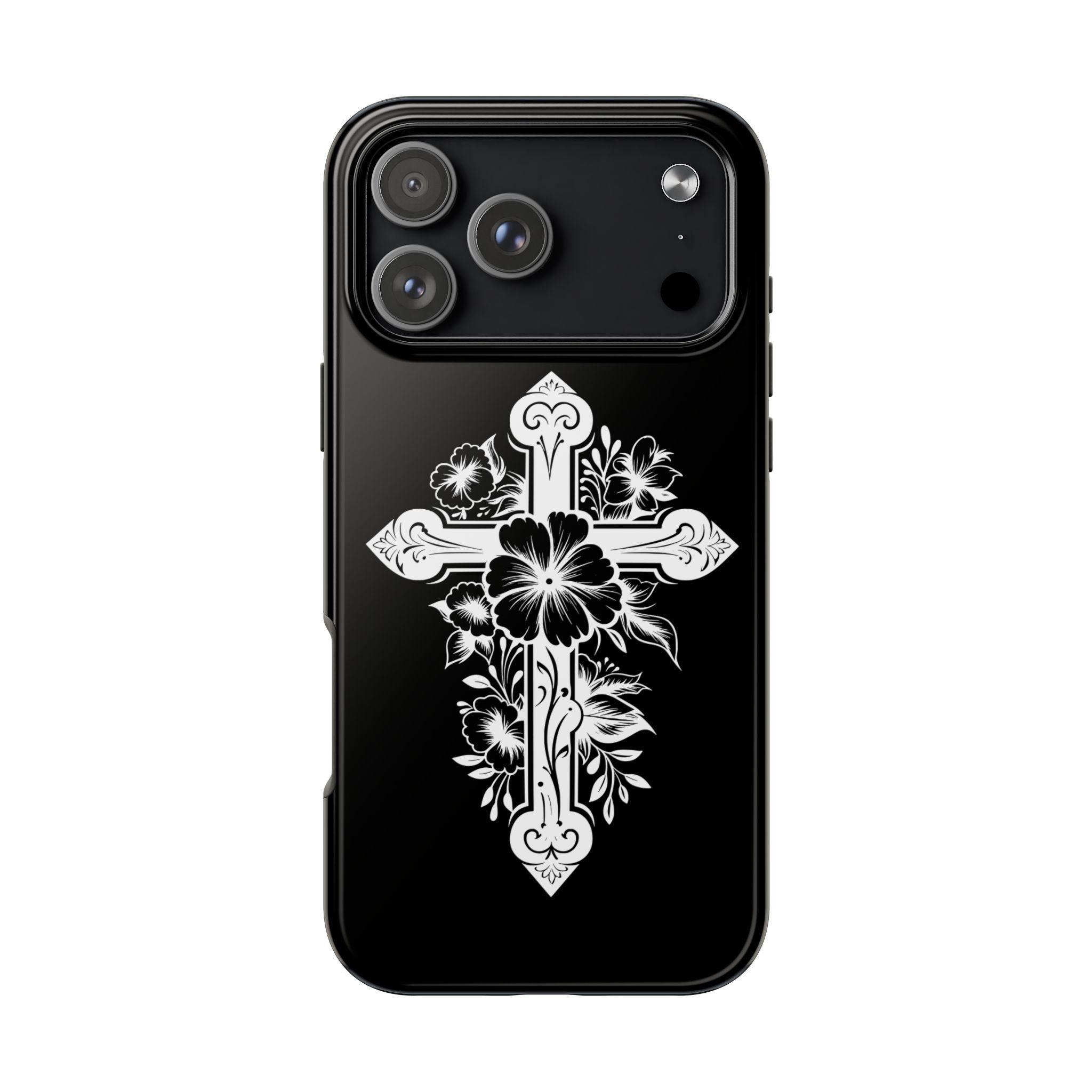 Floral Cross Tough Phone Case — Black Protective Christian Phone Cover