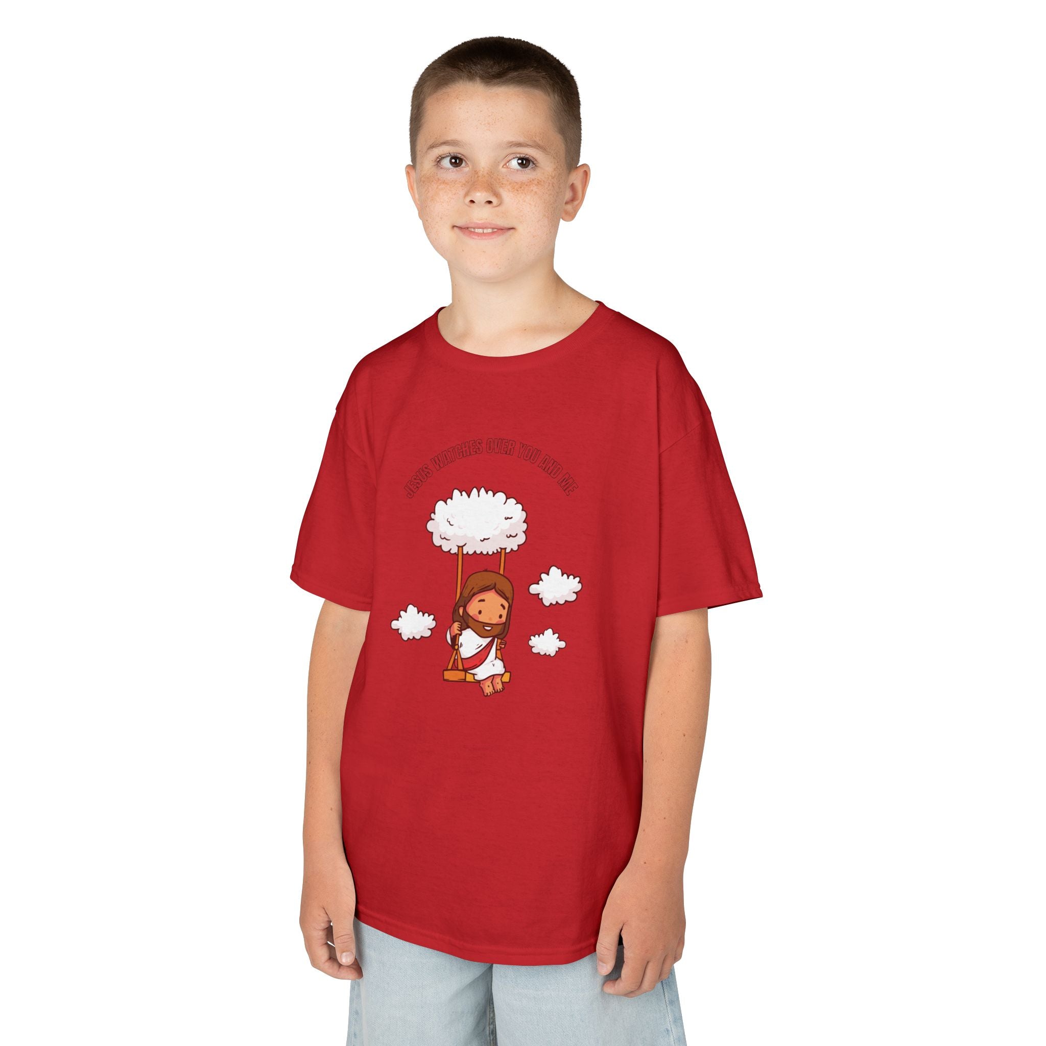 Kids Tee — Cute Jesus on Swing Under Cloud "Jesus Watches Over You and Me"