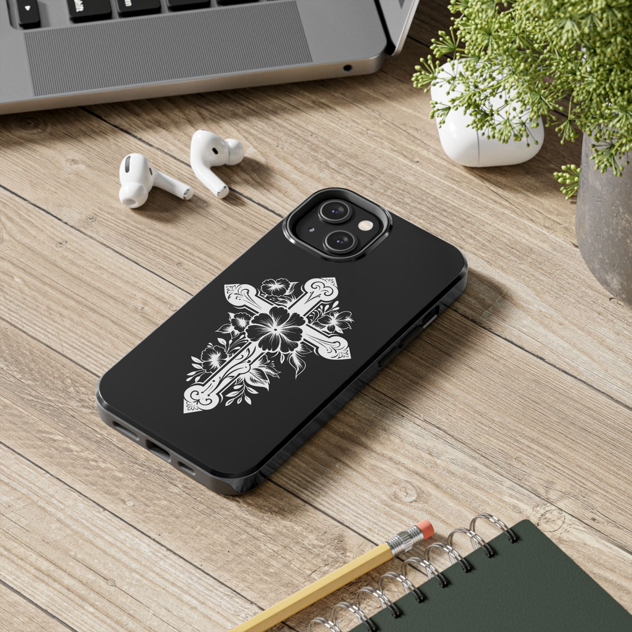 Floral Cross Tough Phone Case — Black Protective Christian Phone Cover