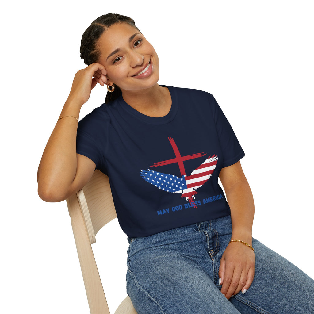 Patriotic Eagle T-Shirt — "May God Bless America" Flag Cross Graphic