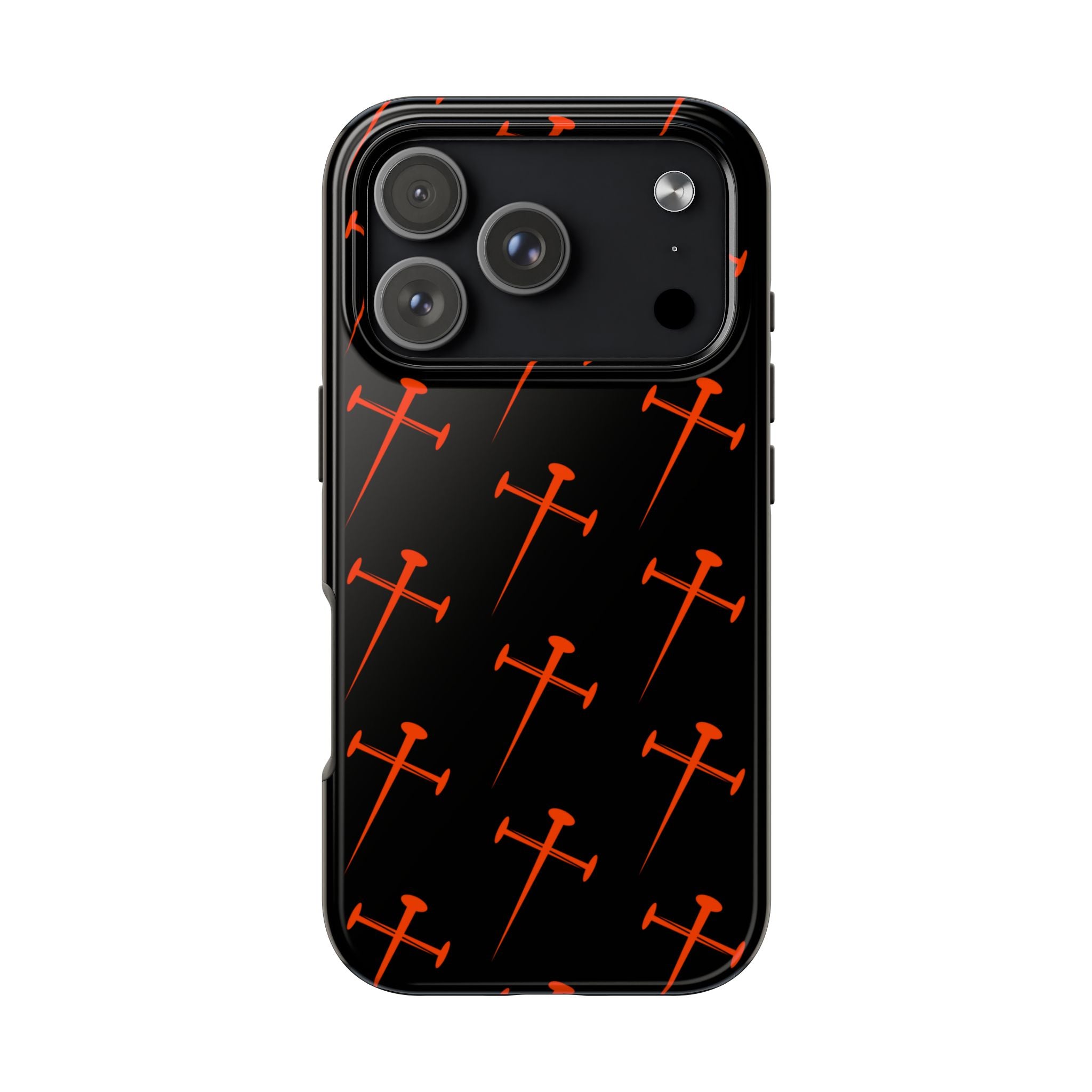 Black Tough Phone Case with Orange Nail Cross Pattern