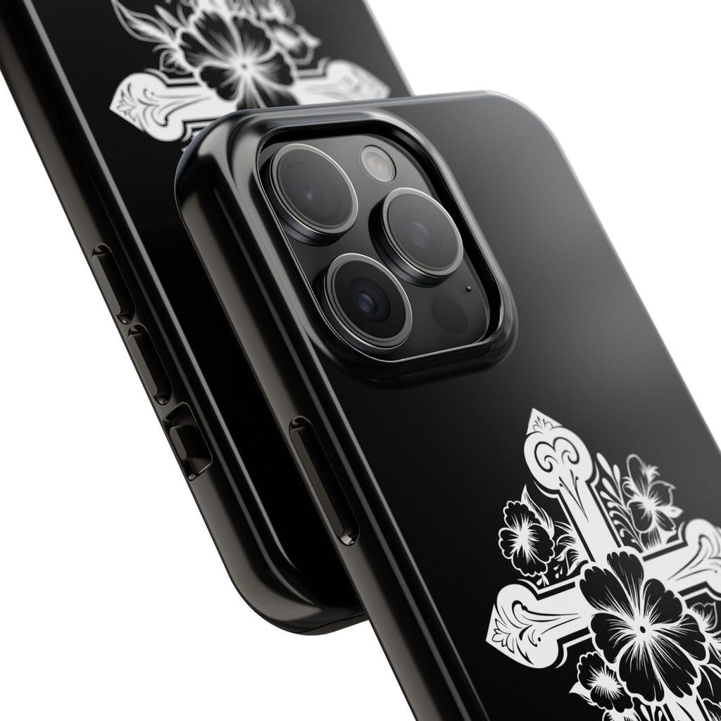 Floral Cross Tough Phone Case — Black Protective Christian Phone Cover