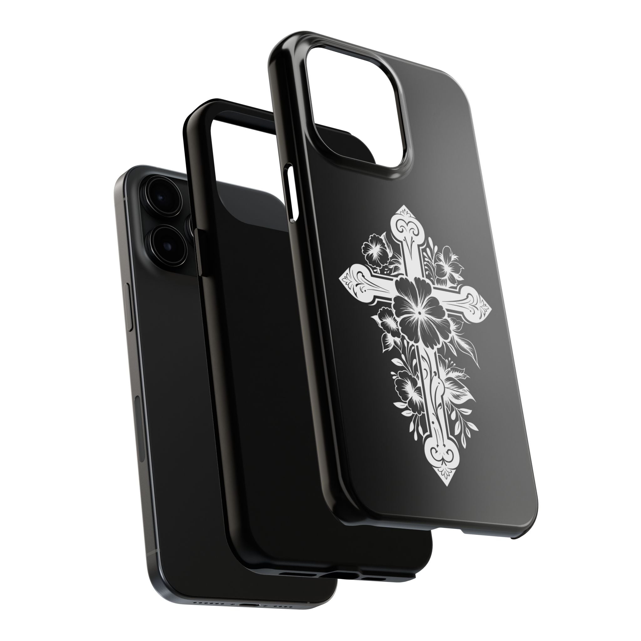Floral Cross Tough Phone Case — Black Protective Christian Phone Cover