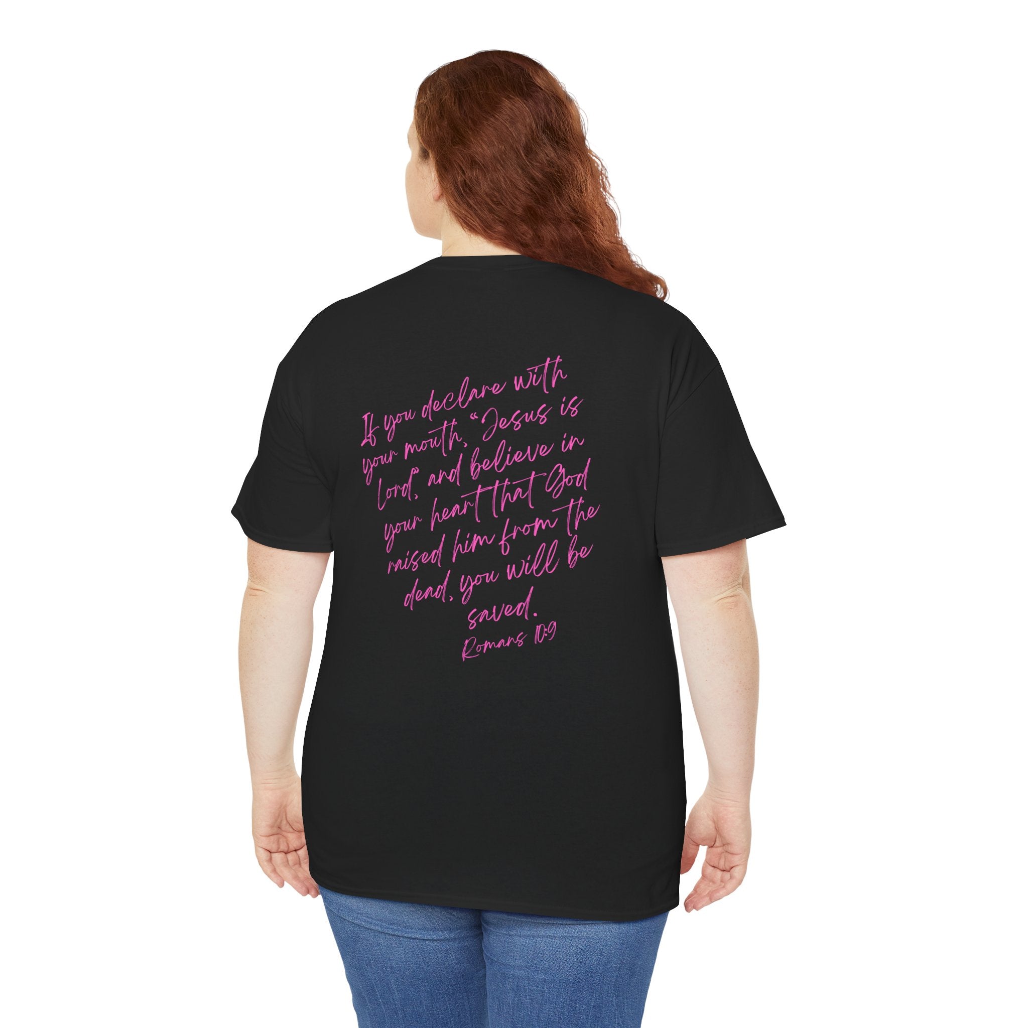 Saved T‑Shirt — Pink Script Faith Tee with Inspiring Back Verse