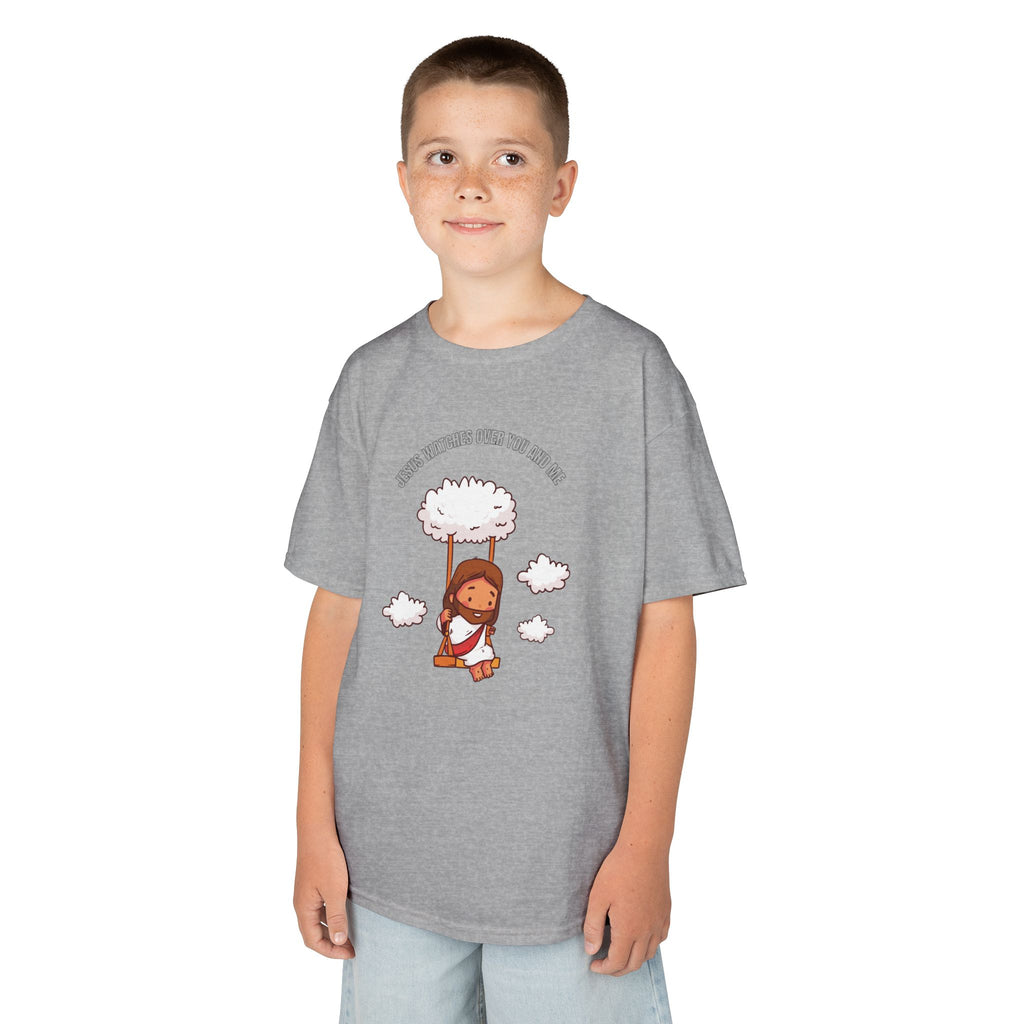 Kids Tee — Cute Jesus on Swing Under Cloud "Jesus Watches Over You and Me"