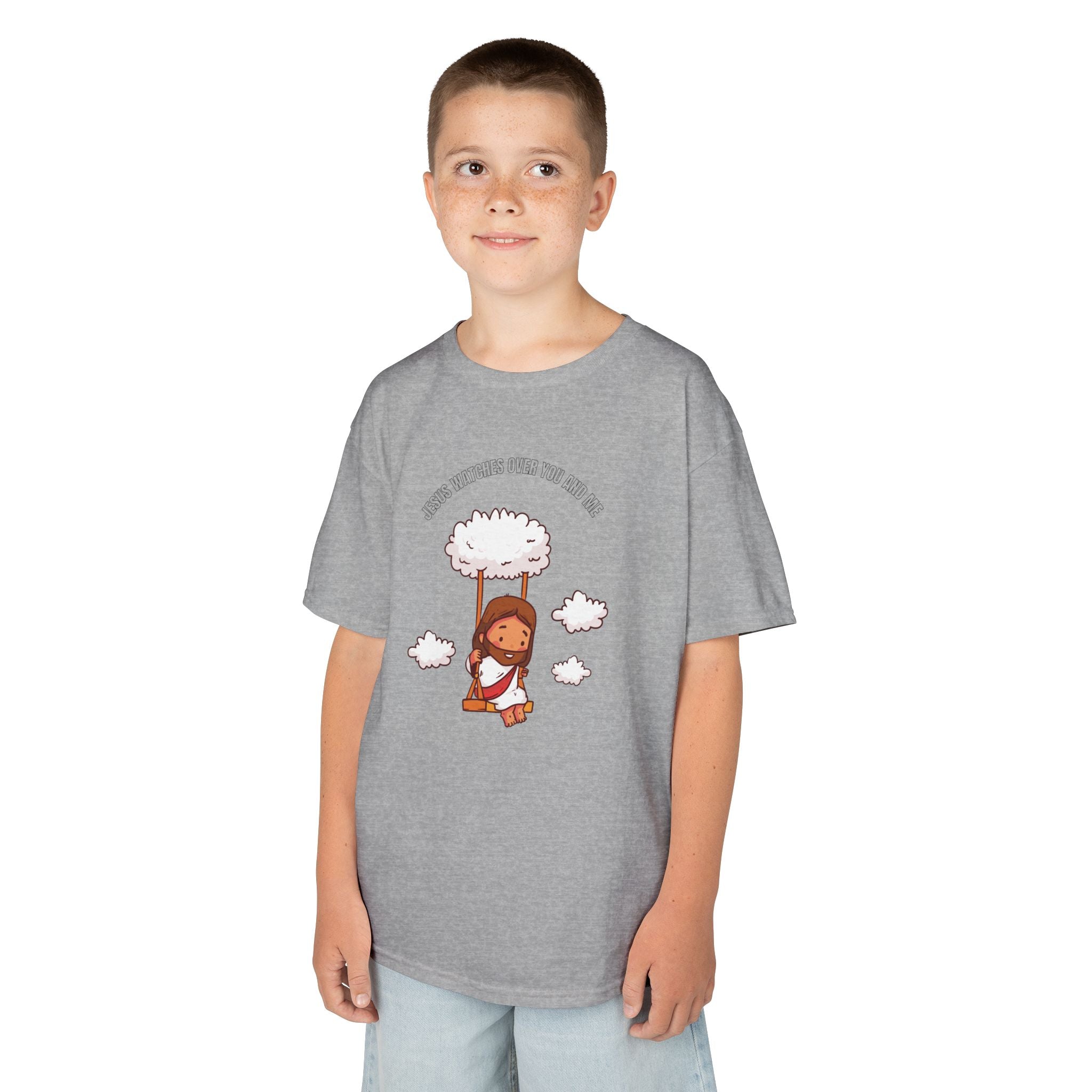 Kids Tee — Cute Jesus on Swing Under Cloud "Jesus Watches Over You and Me"
