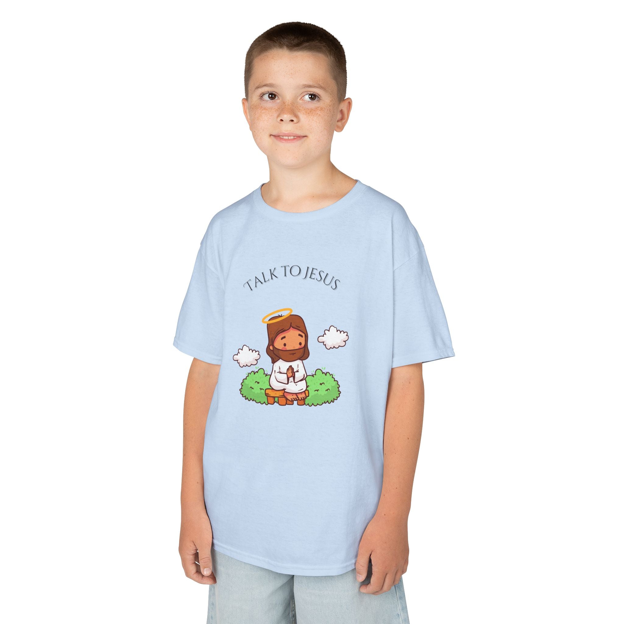 Kids Tee — Cute "Talk to Jesus" Cartoon Jesus Graphic Youth Faith Shirt