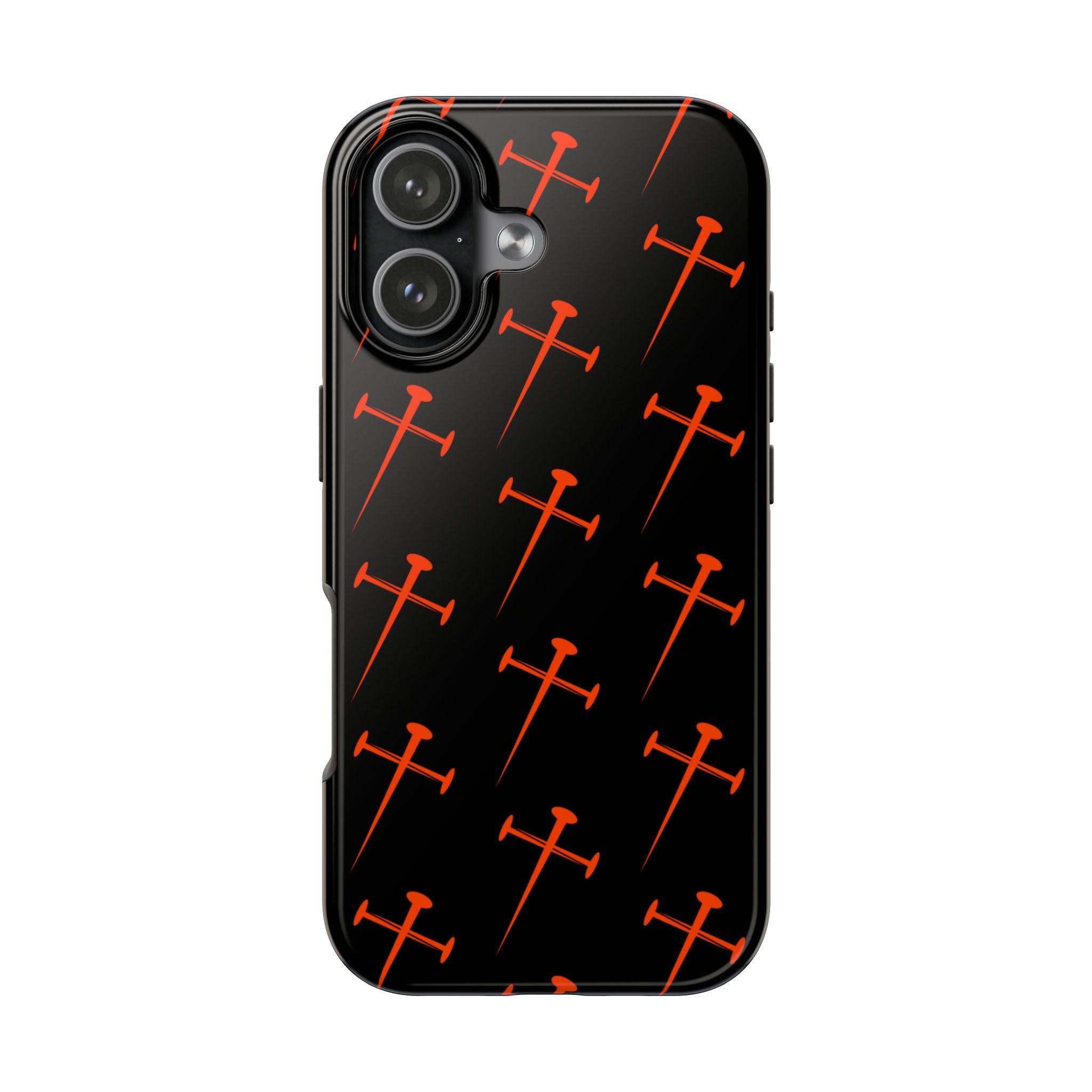 Black Tough Phone Case with Orange Nail Cross Pattern