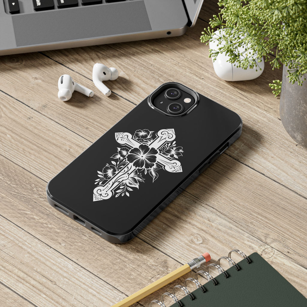Floral Cross Tough Phone Case — Black Protective Christian Phone Cover