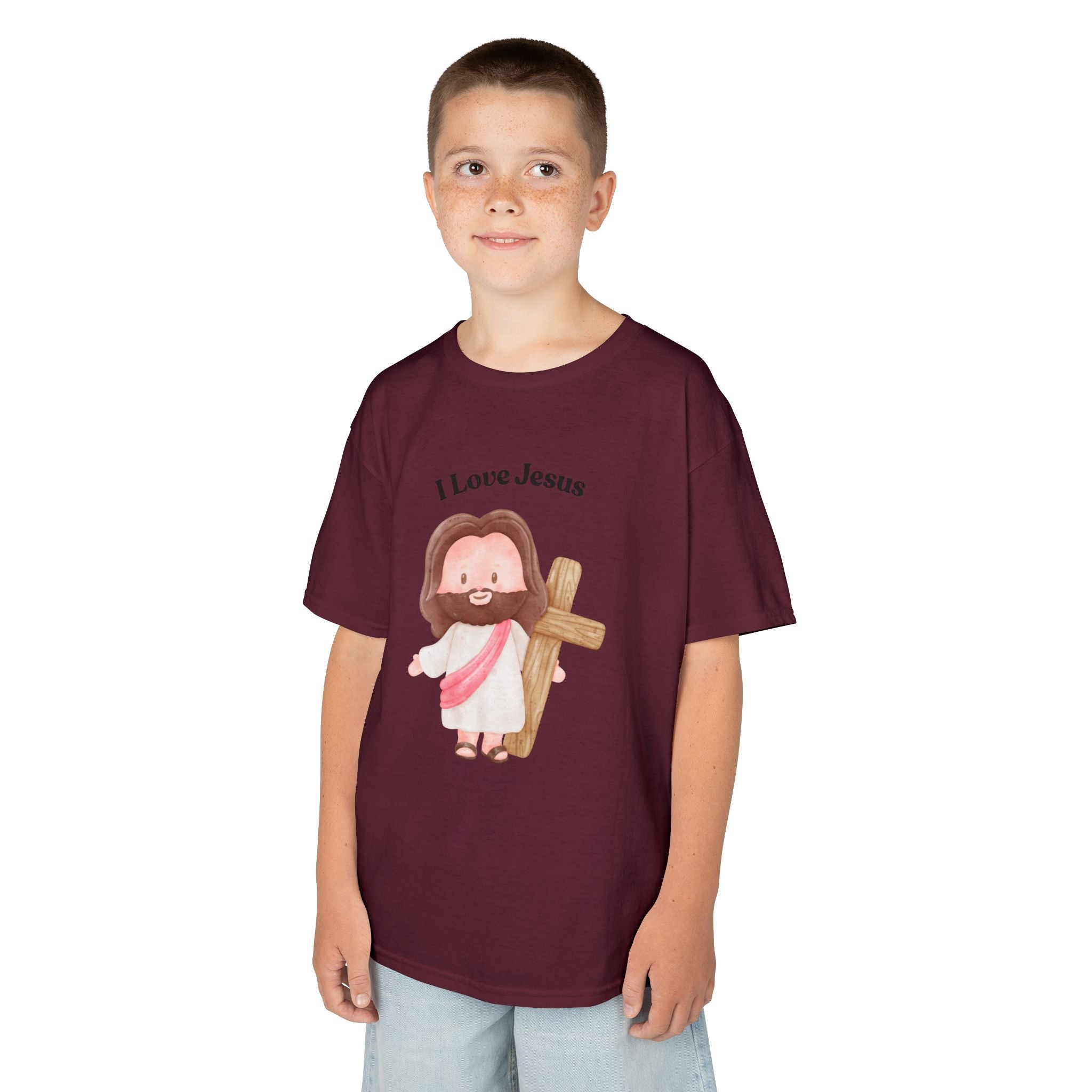 Kids T-Shirt — Cute "I Love Jesus" Cartoon Jesus Holding Cross — Christian Easter Gift for Children