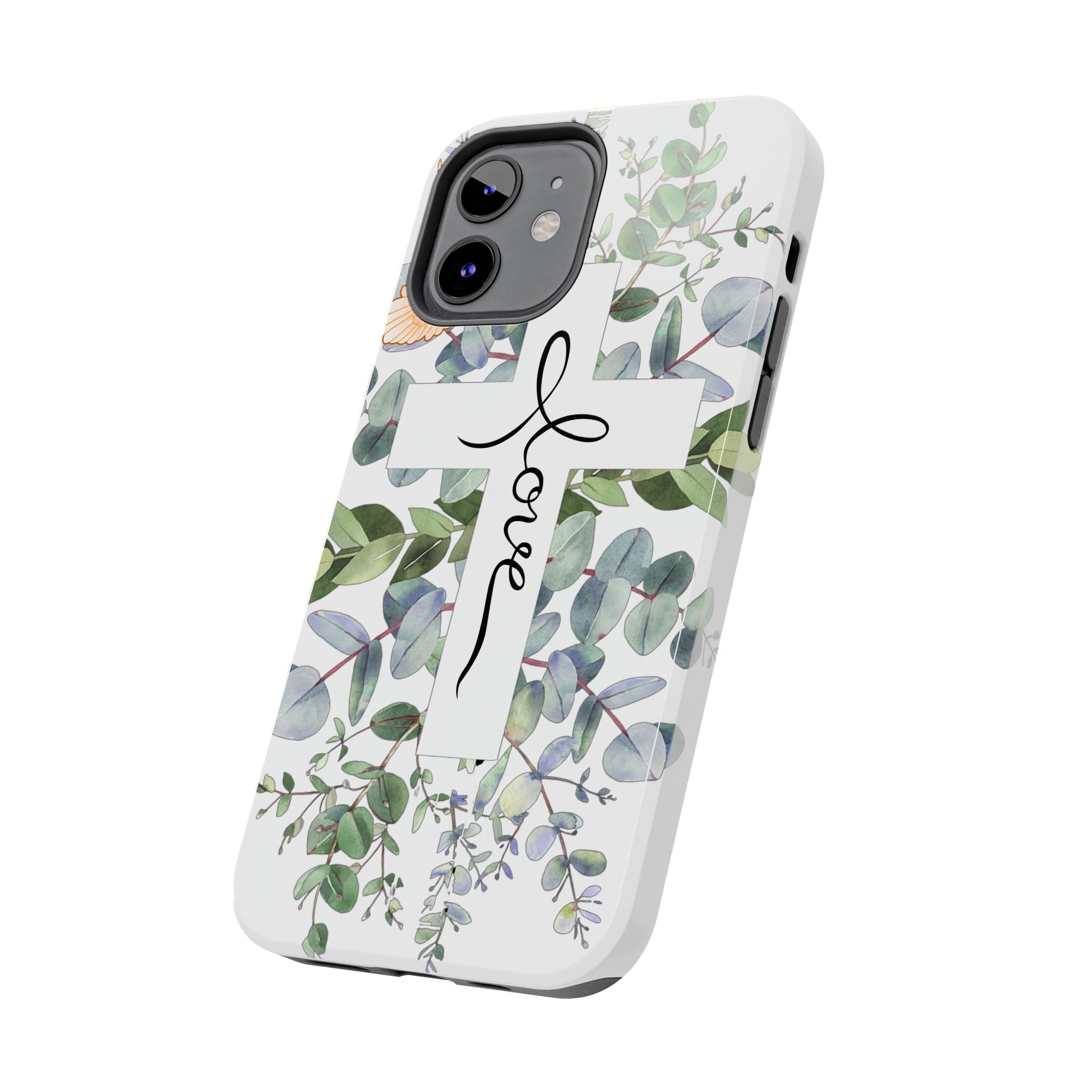 Religious Cross Tough Phone Case — Eucalyptus Floral "Love" Design