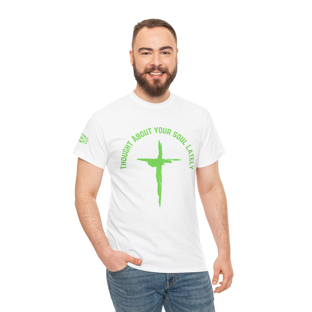 “Thought About Your Soul Lately” Cross Tee — Neon Green Spiritual Graphic T-Shirt
