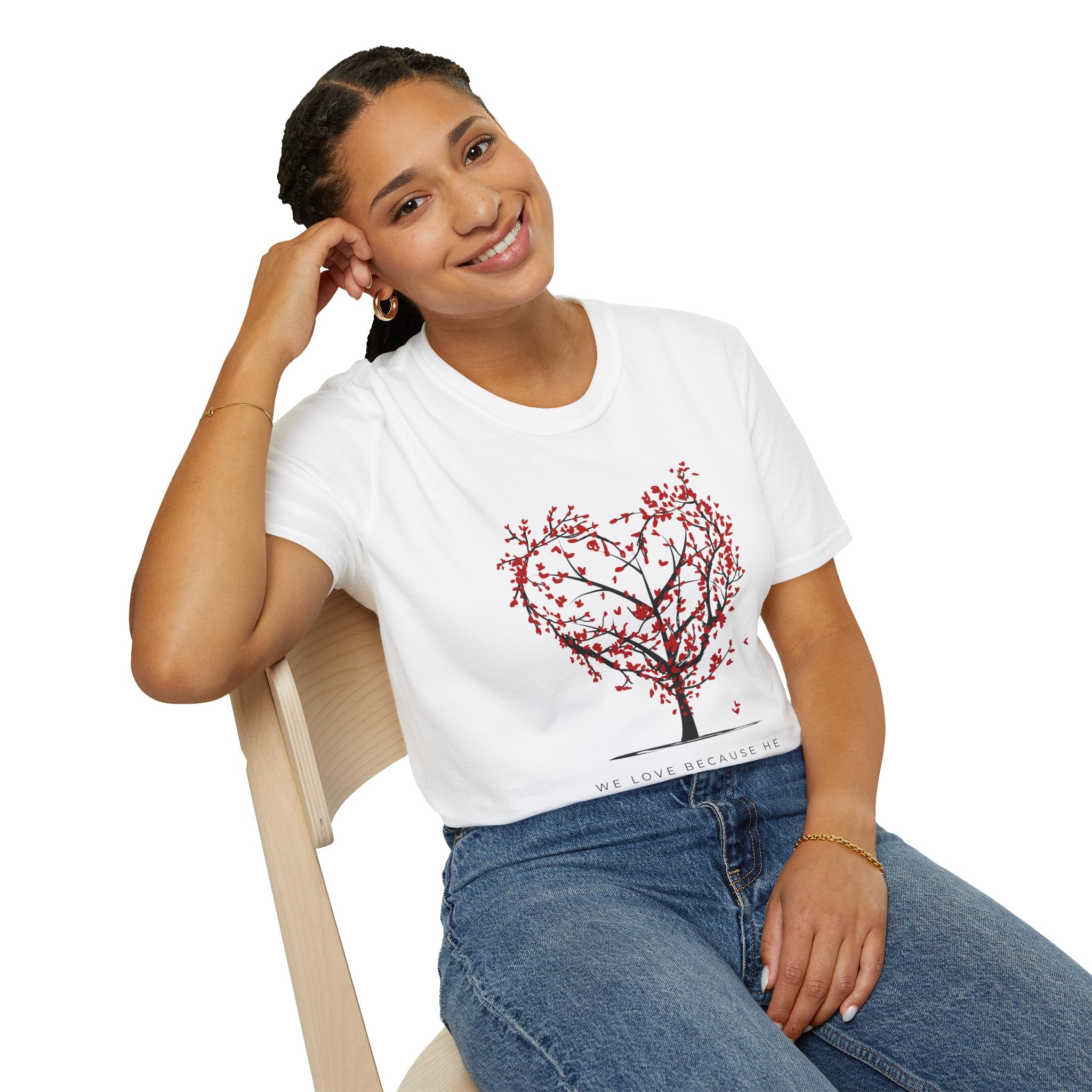 Heart Blossom Tree T‑Shirt — "We Love Because He First Loved Us" Christian Tee