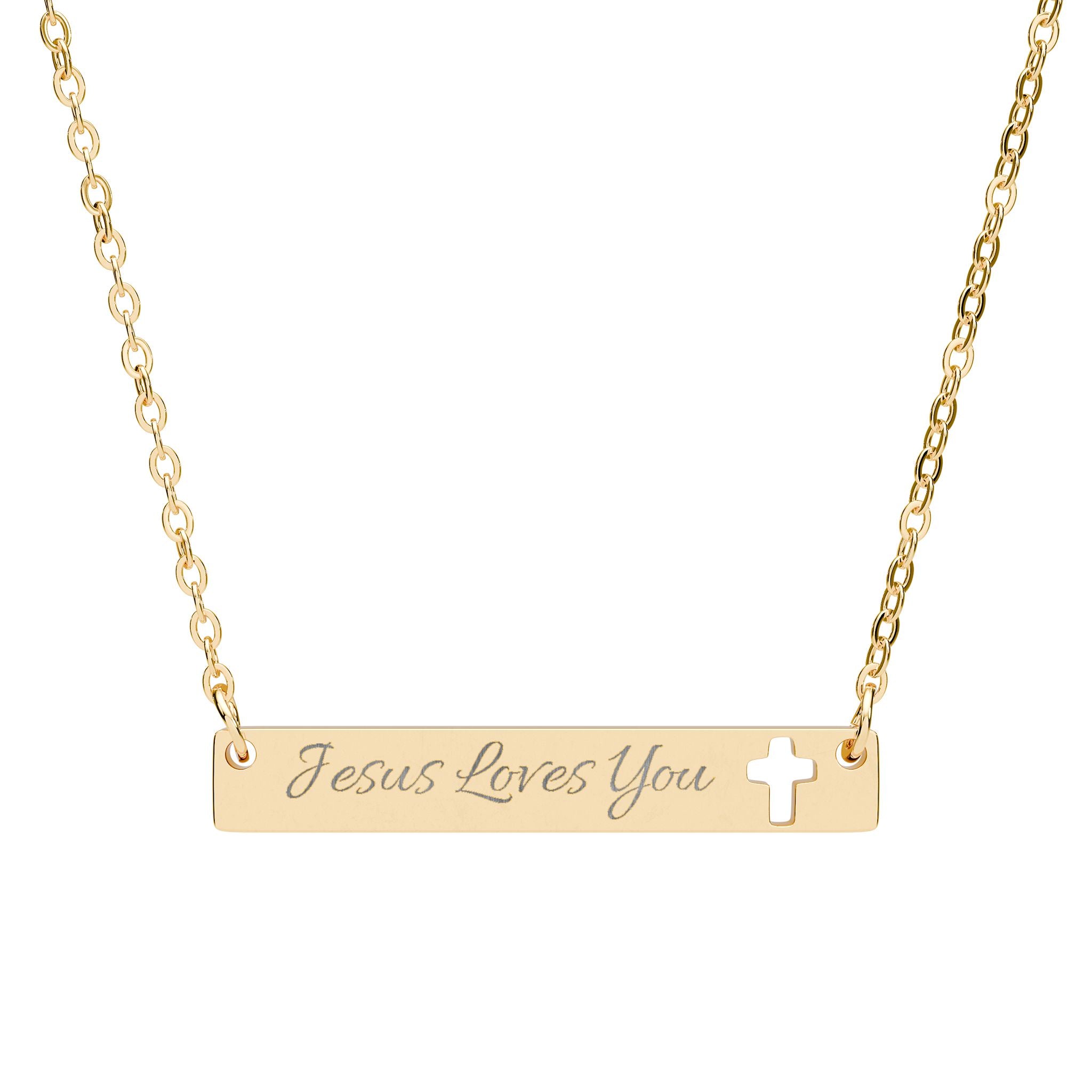 Engraved Cutout Cross Bar Necklace — "Jesus Loves You"